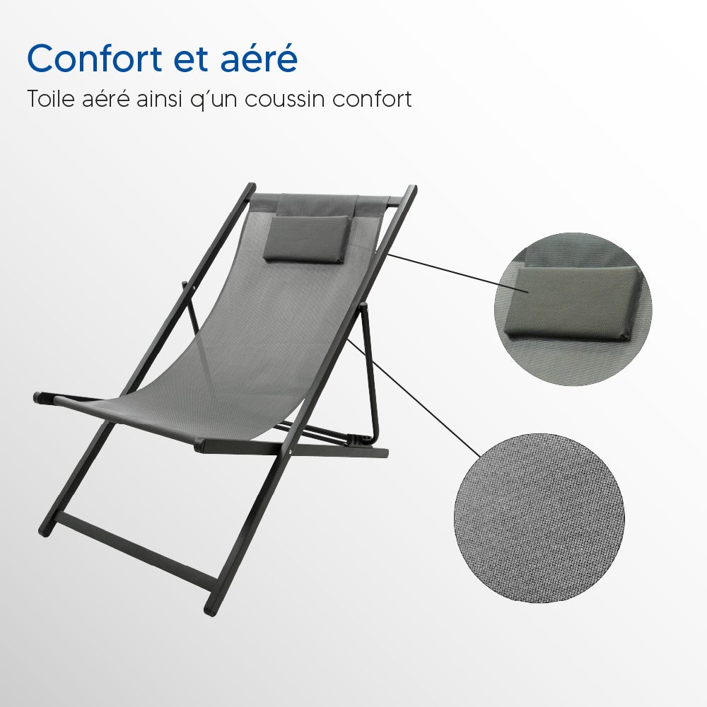 Chaise chilienne pliante 94x61 cm textilène anthracite avec coussin – 5 positions - 2