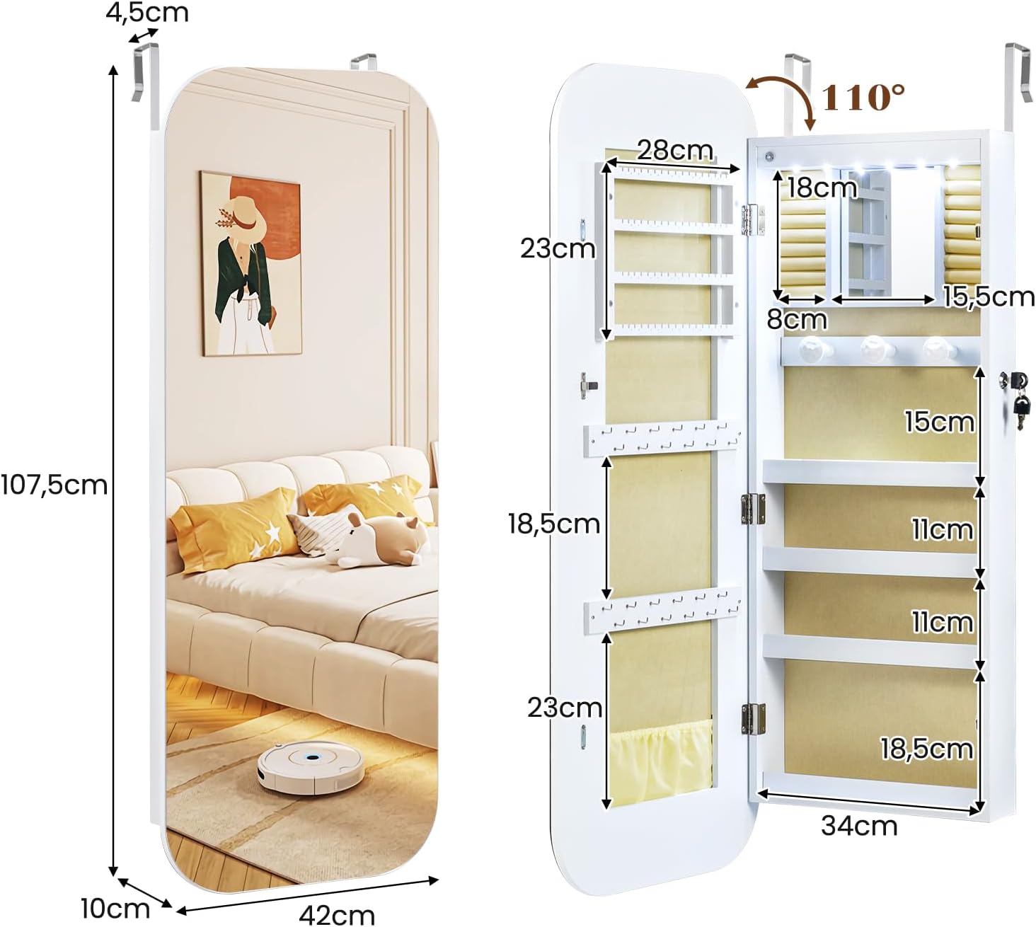Armoire a Bijoux Suspendue avec Miroir Large & 6 Lumières LED, Porte Bijoux Mural d'Angle Rond avec Étagères & Verrouillable, 42x10x107,5 CM - 5