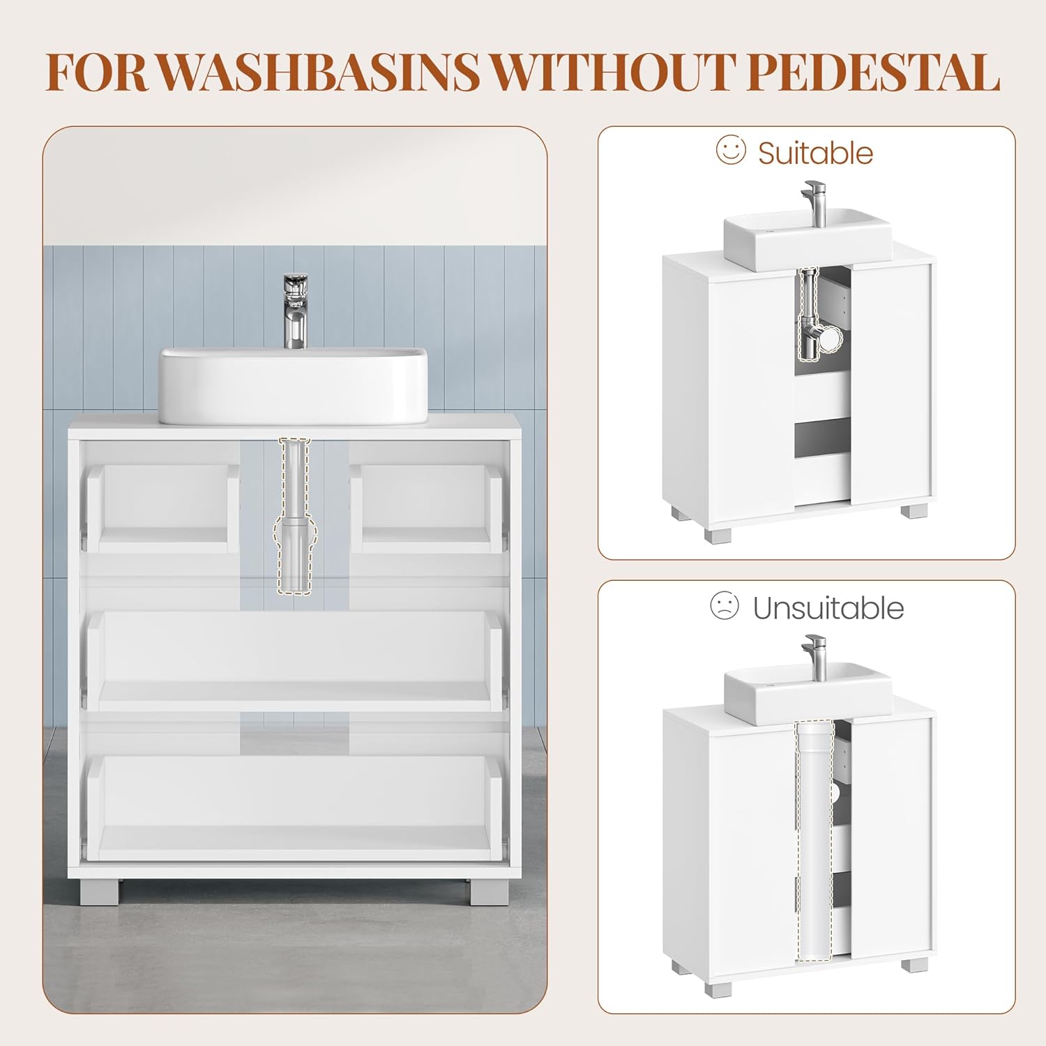 Mobile Sottolavabo per Bagno, Mobile Bagno Sottolavabo con 3 Cassetti, per Lavabo Senza Rialzo, Convient pour Bagnetto, Moderno, Bianco - 7