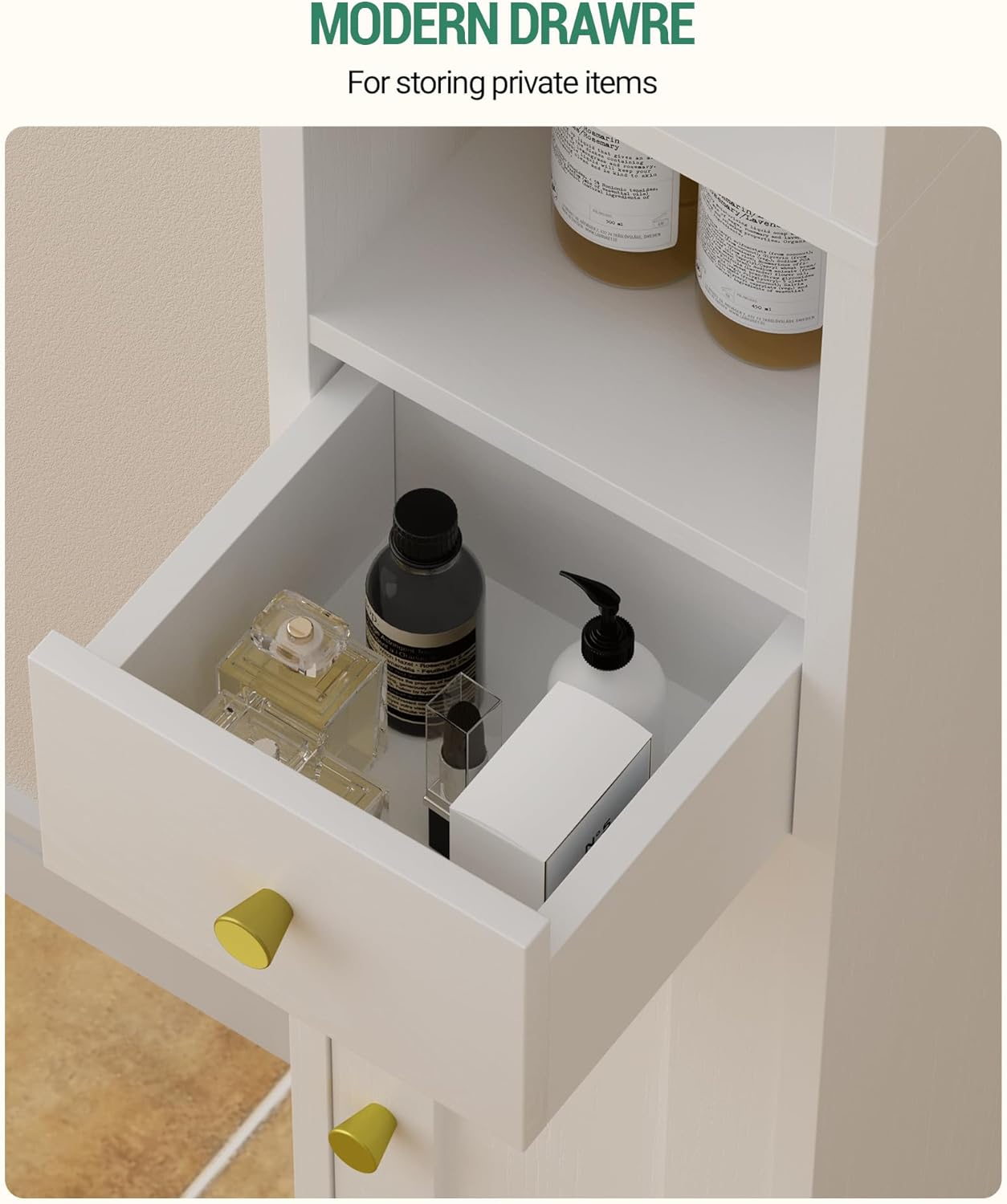 Armario para Baño Alto, Armario Estrecho para Papel Higiénico 2 Puertas y Cajón, Organizador de Baño Estante Ajustable, Blanco - 7