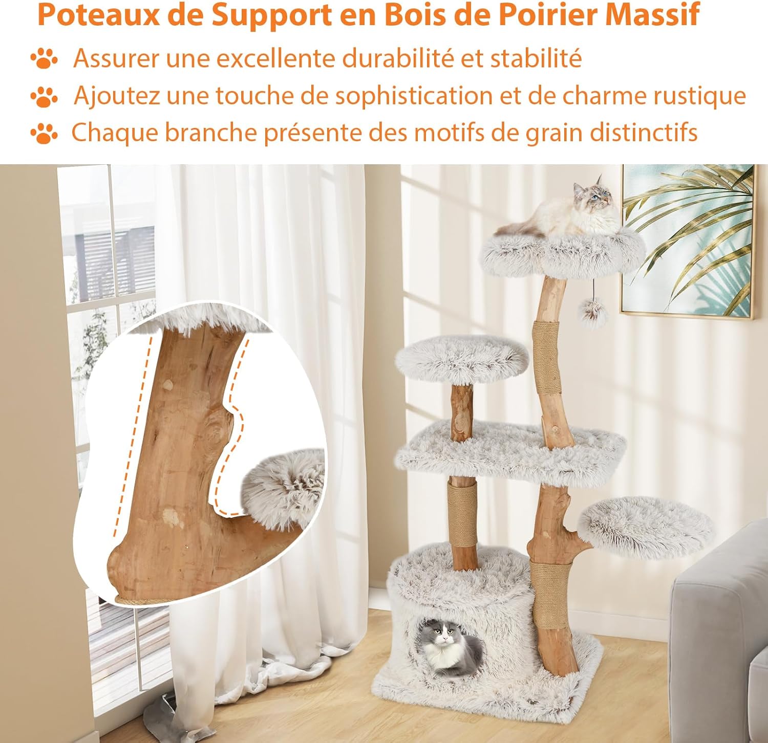 Árvore para Gatos de Madeira Natural de 135 cm, Árvore para Gatos de 5 Níveis com Postes de Arranhadores, Poleiro de Flores de , Condomínio, B - 5