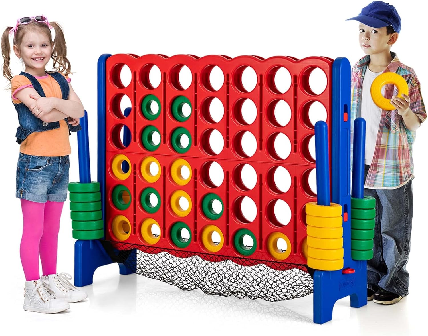 Puissance 4 Géant z Siatką, Gra Planszowa Puissance 4 z 42 Pierścieniami i Suwakami do Szybkiego Restartu, 120 x 42 x 104 cm, Niebieska