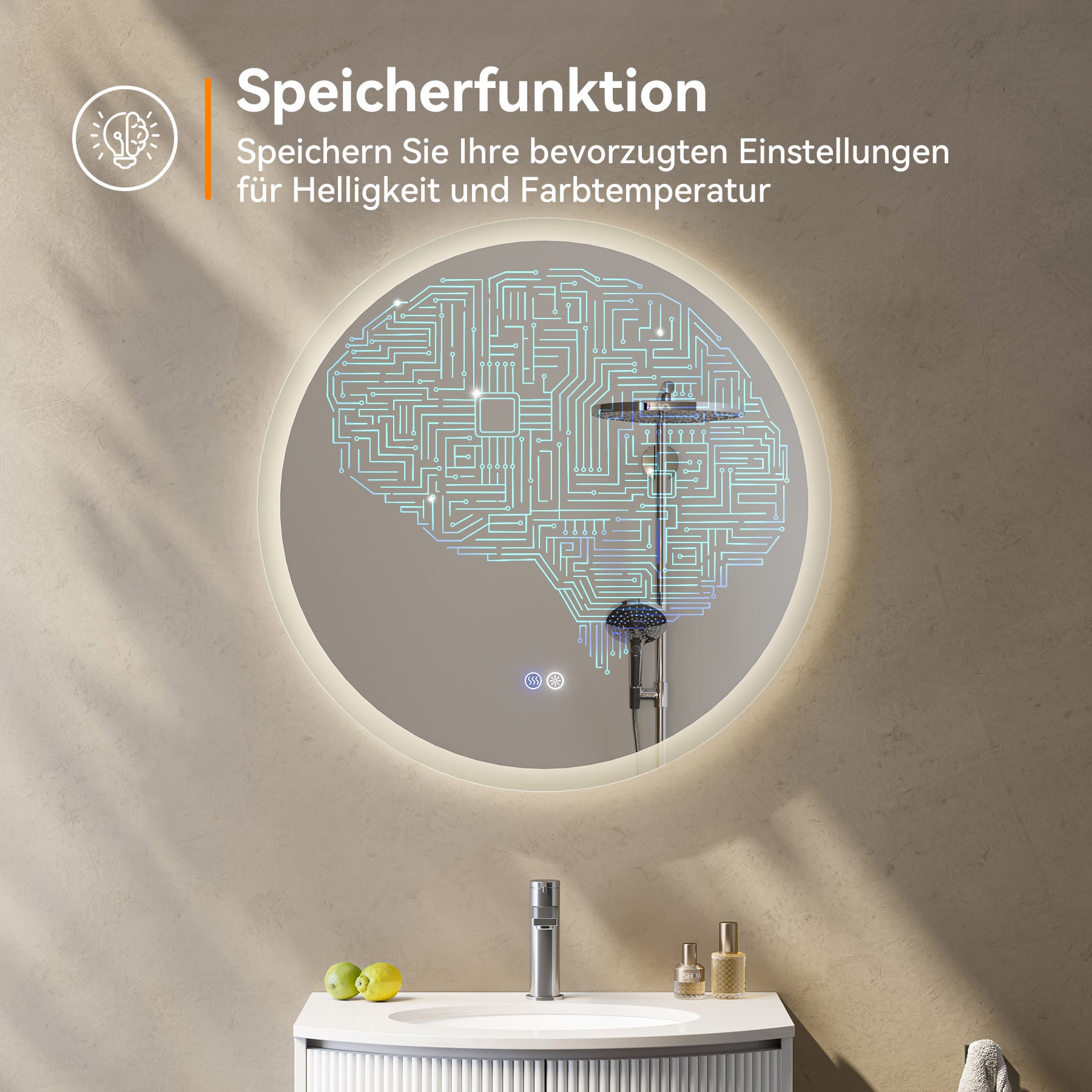 Specchio da bagno a LED 80 cm, rotondo, dimmerabile, 3 luce naturale, antiappannamento, IP44, HOROW - 4