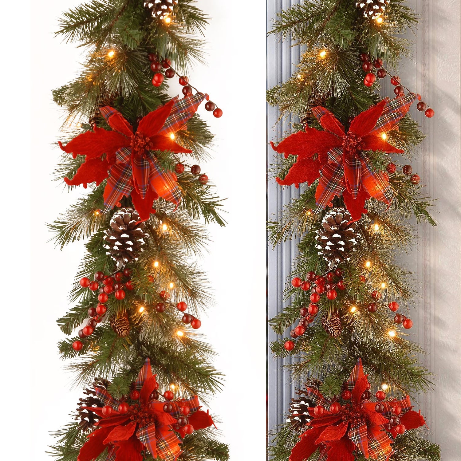 Ghirlanda natalizia artificiale in abete rosso da 270 cm con luci a LED, pigne e bacche rosse; per decorazioni natalizie da interni ed esterni | Leroy Merlin