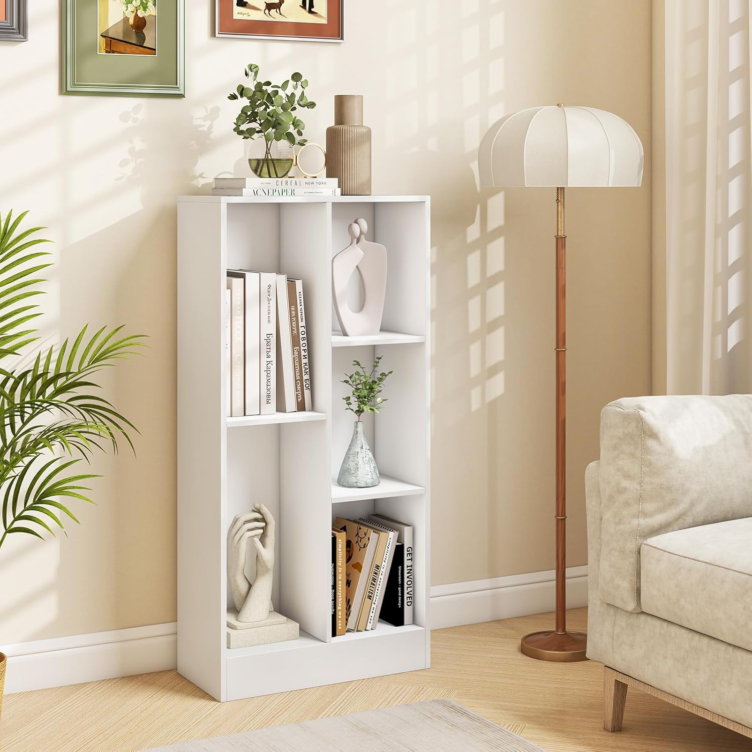 Libreria a 5 Cubi, Organizzatore di Stoccaggio Autoportante a 3 Livelli con 2 Kit Antiribaltamento, Mensola in Legno per Soggiorno Camera da L - 4