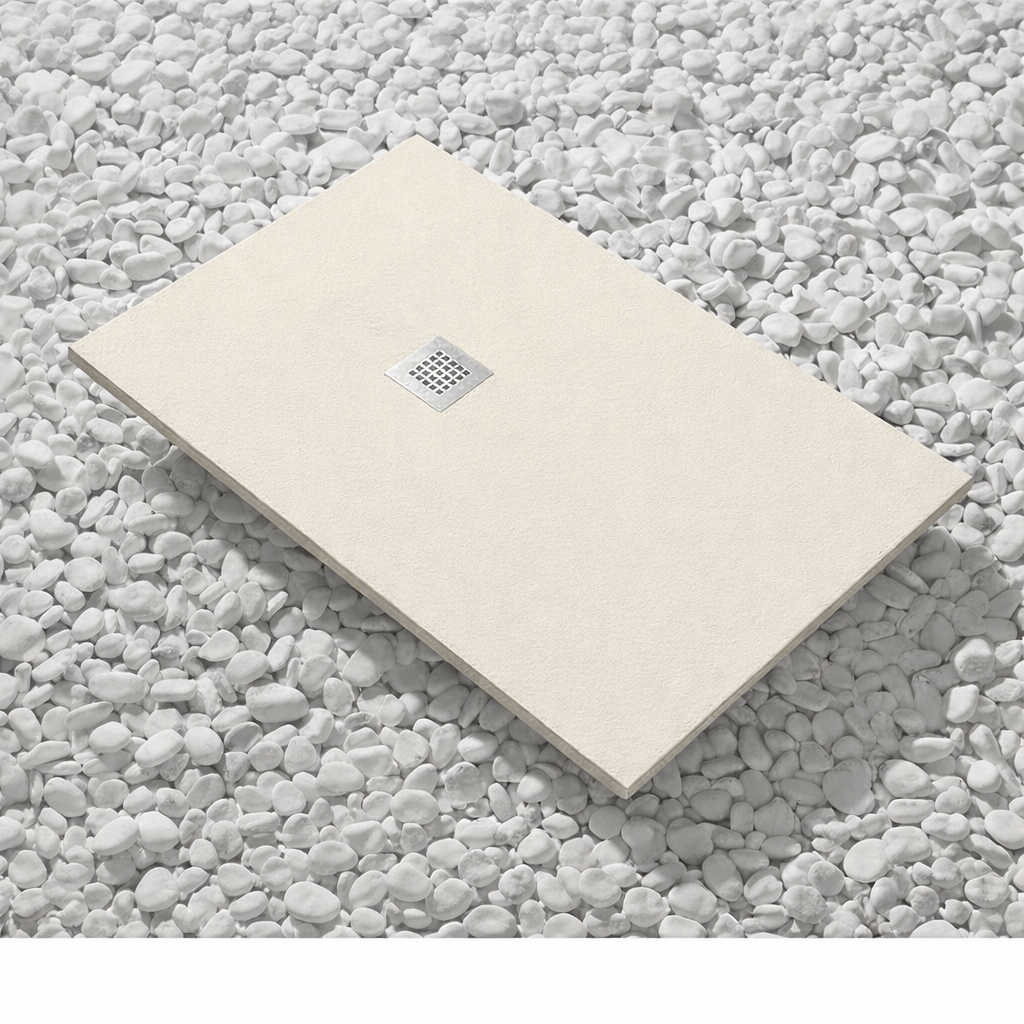 Brodzik Vulcano Line Slim 110x115 cm, perłowa biel RAL 1013, wykonany z żywicy syntetycznej i proszku marmurowego, z odpływem swobodnym - FRASCIO