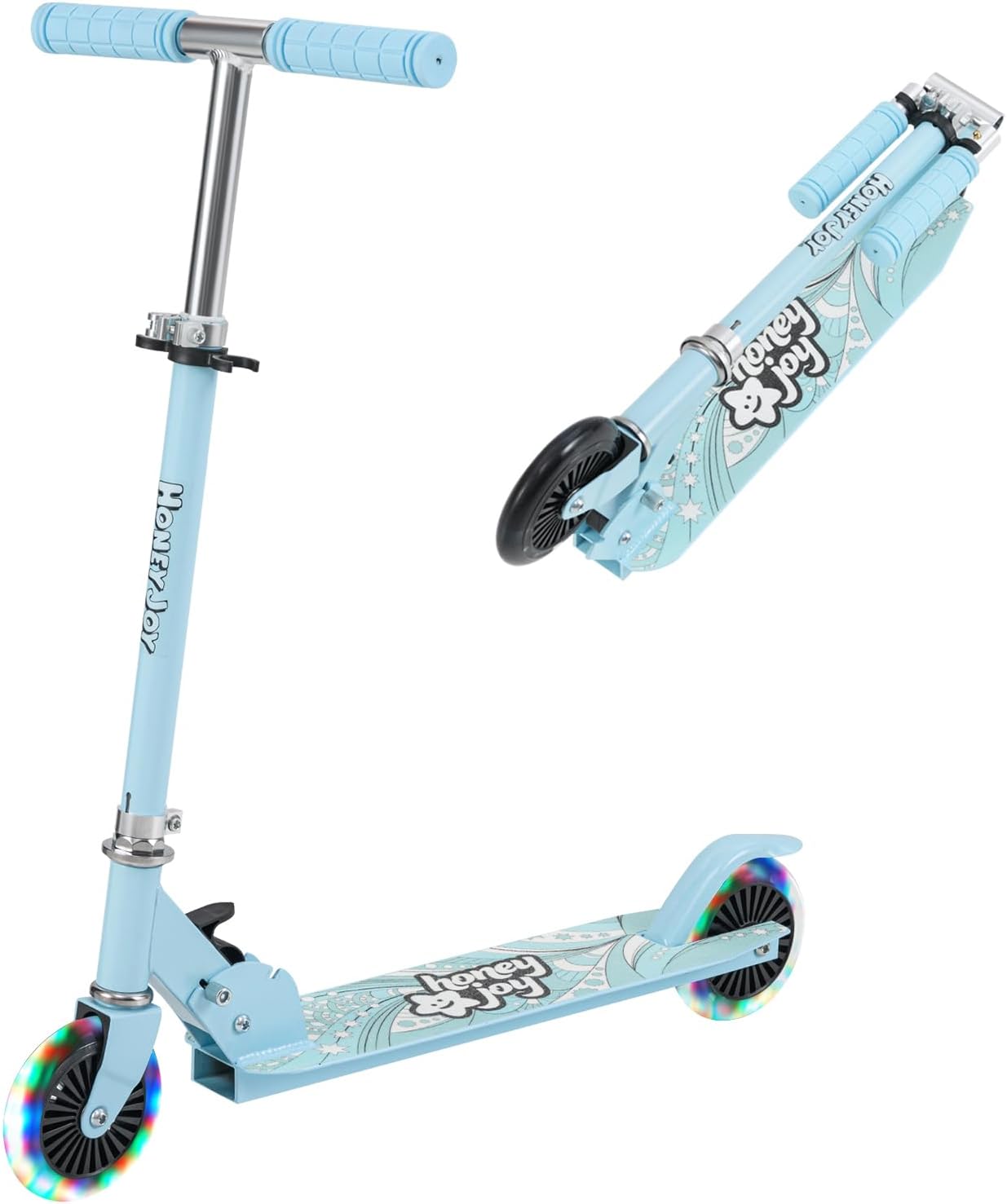 Składana Hulajnoga z 2 Świecącymi Kołami, Regulowaną Kierownicą w 3 Wysokościach, Tylnym Układem Hamulcowym, dla Dzieci w od 3 Lat o Wadze do 50 kg.