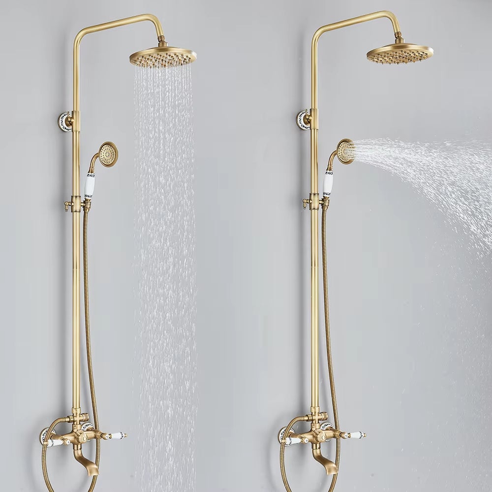 Colonna doccia in ottone anticato, set rubinetto doccia con portaoggetti, doccia a pioggia con doccetta e bocca per vasca, altezza regolabile - 2