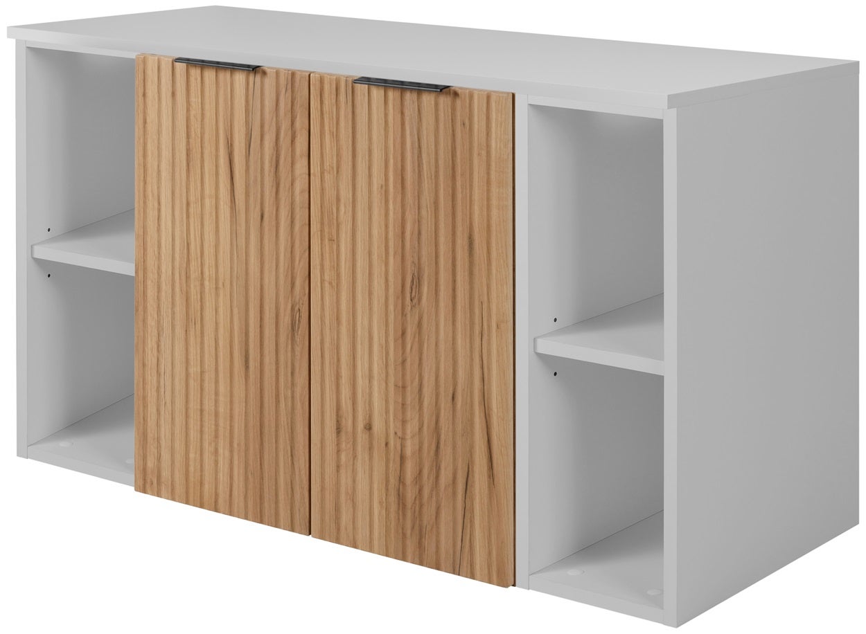 Zestaw łazienkowy FLOW 100 cm dąb craft z blatem biały i regałami