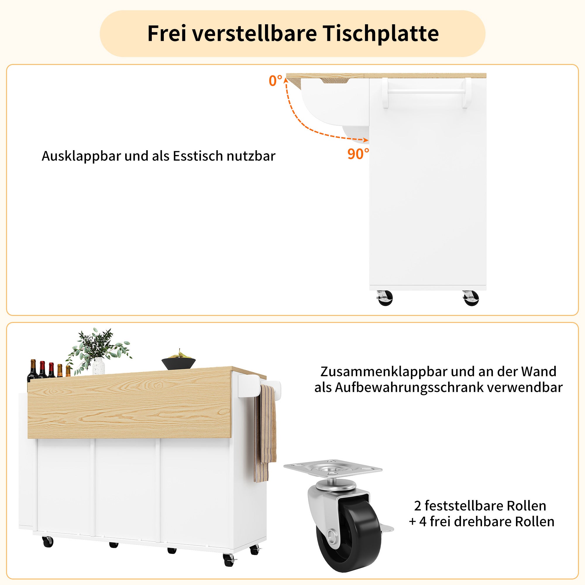 Buffet cuisine avec plan de travail, Chariot à roulettes avec tiroirs, Desserte cuisine avec étagère à épices et porte serviettes,Blanc 110x42x90cm - 2
