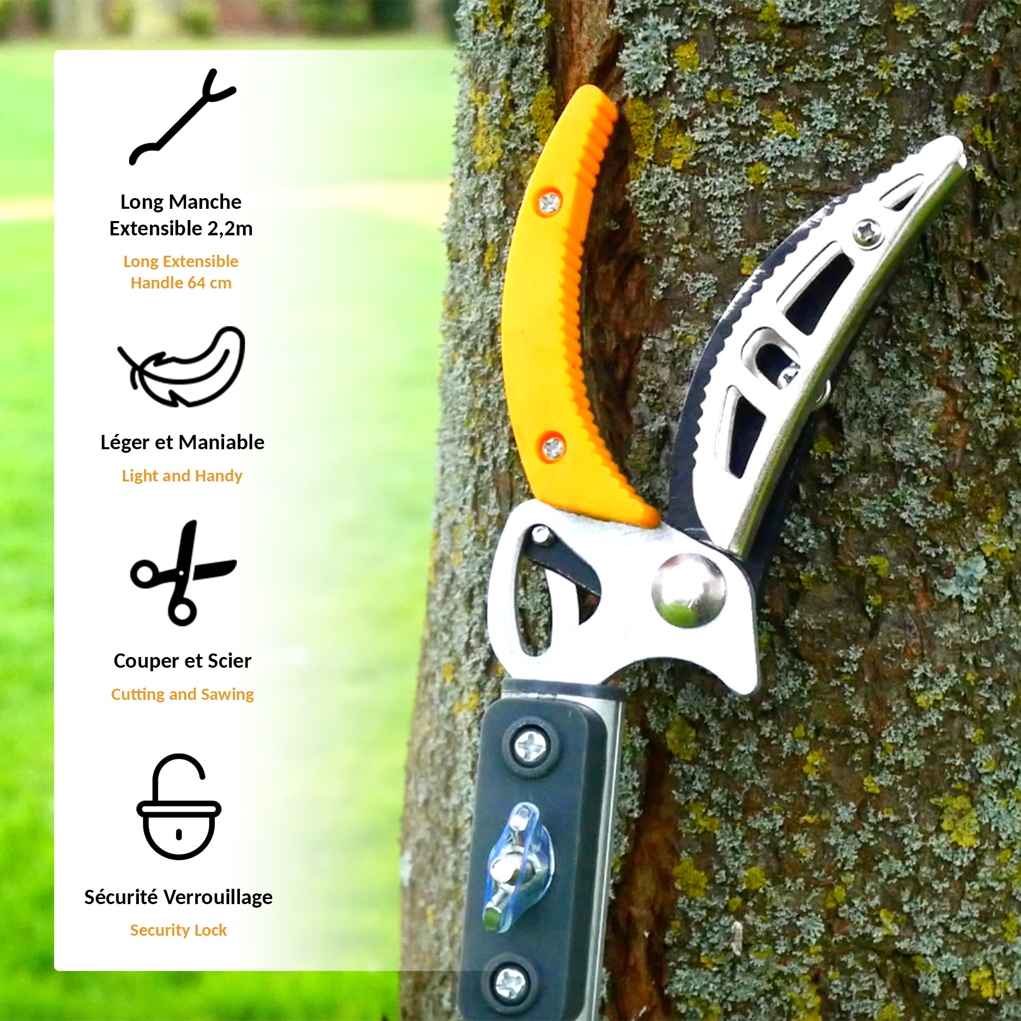 Sécateur Télescopique FISHTEC 1.37 À 2.2 m Avec Scie 30 cm 52 Dents Lame Acier Enclume De Préhension Manche Aluminium Portée 4 m Élagage Jardin - 3