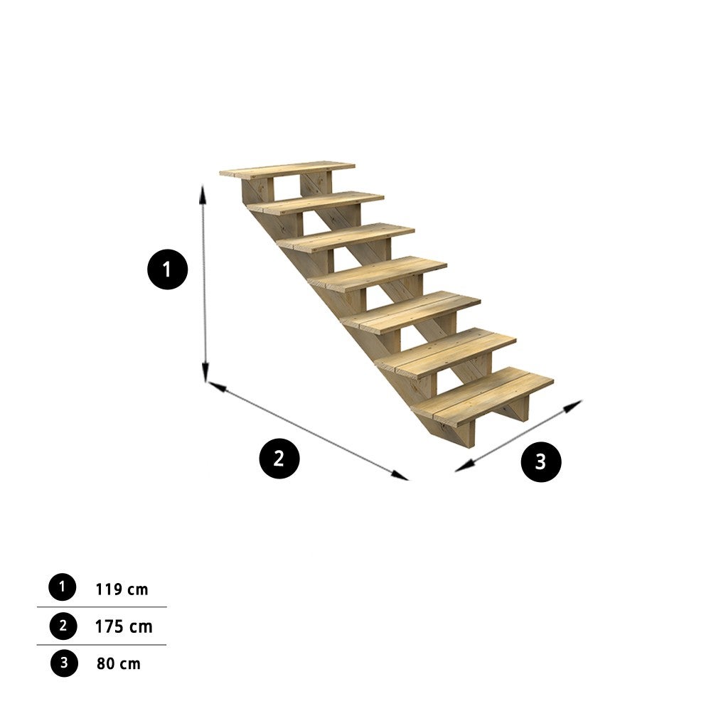 Escalier Bois Exterieur - 7 Marches - Largeur = 80cm - Marches découpables - Sans Contremarches - Pin du Nord - Traité Autoclave - 3