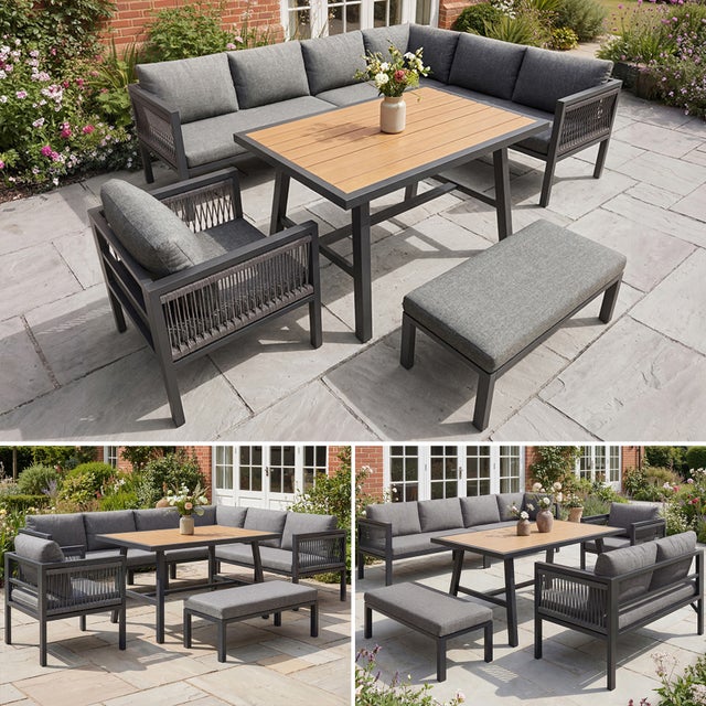Conjunto de jardín de 7 plazas: 1 sofá esquinero + 1 sillón + 1 otomana + 1 mesa de comedor - Madera, plástico y acero - Gris