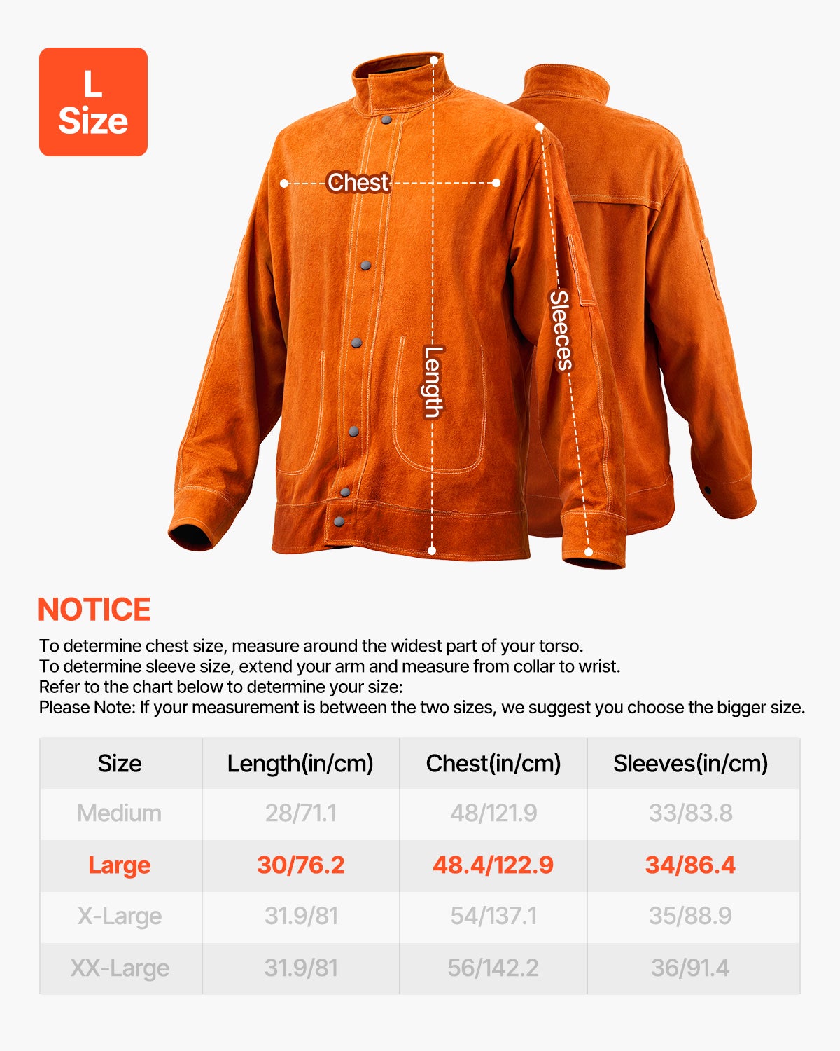 Jaqueta soldagem antichama,VEVOR couro,impermeável e térmica,tamanho L,botões de pressão,4 bolsos,punhos ajustáveis,soldadores e montadores - 7