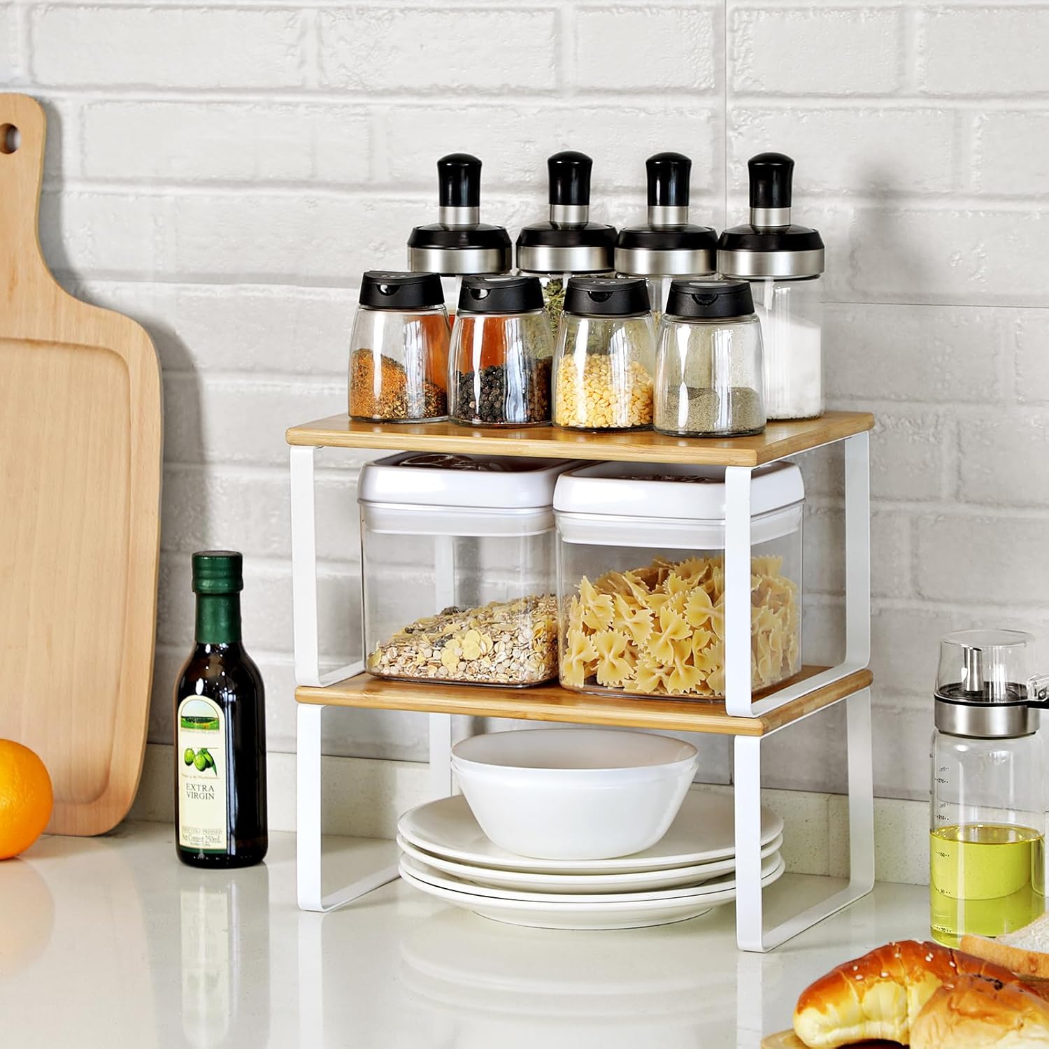 Organizadores de Cocina, Juego de 4 Estantes de Cocina, Apilables, Expandibles, Metal y Madera de Ingeniería, Blanco y Natural - 7