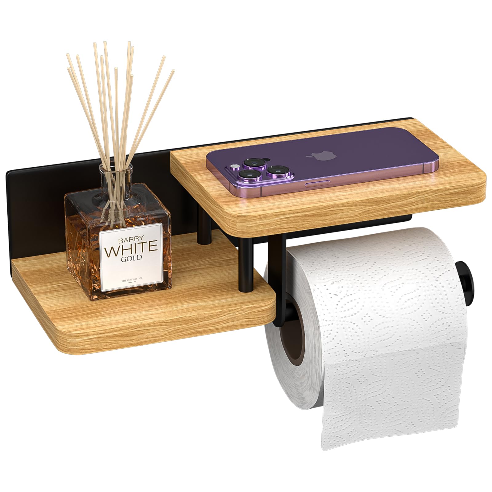 Porta Carta Igienica Con Ripiano E Scatola Per Salviette - In Legno Massello E Metallo Nero - Montaggio A Parete Autoadesivo O Con Viti - Per Bagno Stile Rustico - 4