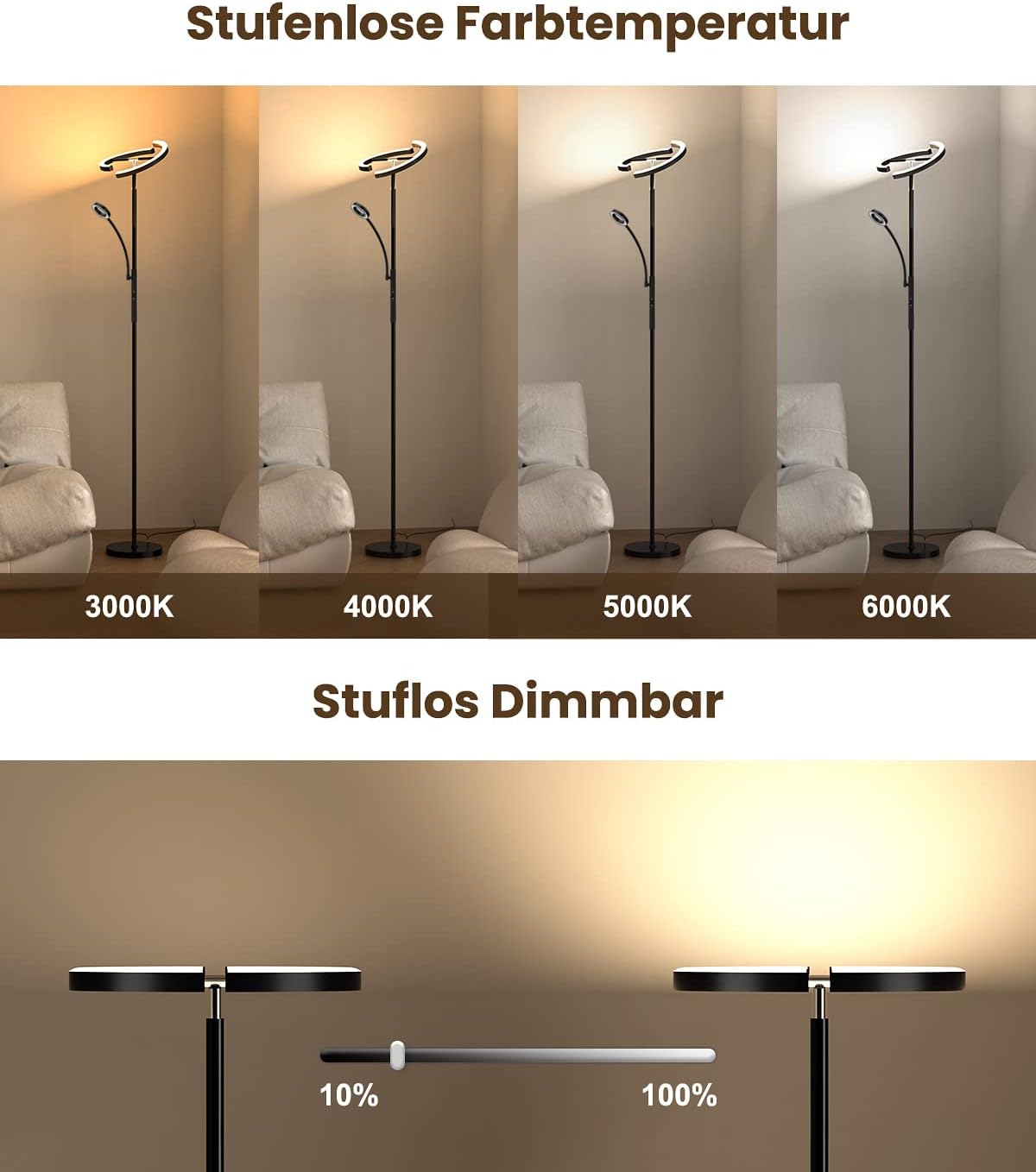 ANTENLICHT Lampadaire LED Dimmable KAKA 20W avec Lampe de Lecture Flexible 7W - Télécommande, 4 Températures de Couleur, 2750lm - Noir - 2