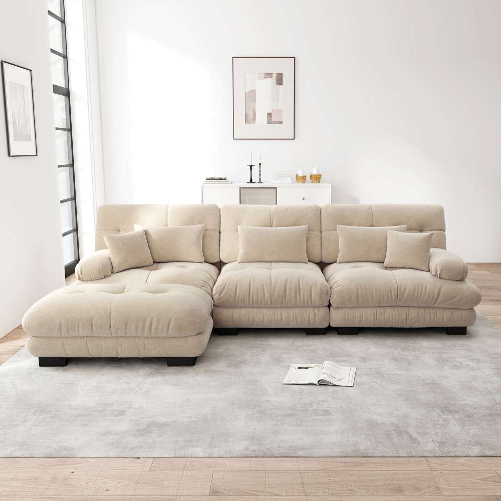 Luksusowa, modułowa sofa narożna w kształcie litery L z pufem, miękka i wygodna tkanina szenilowa, głębokie siedzisko w stylu Cloud
