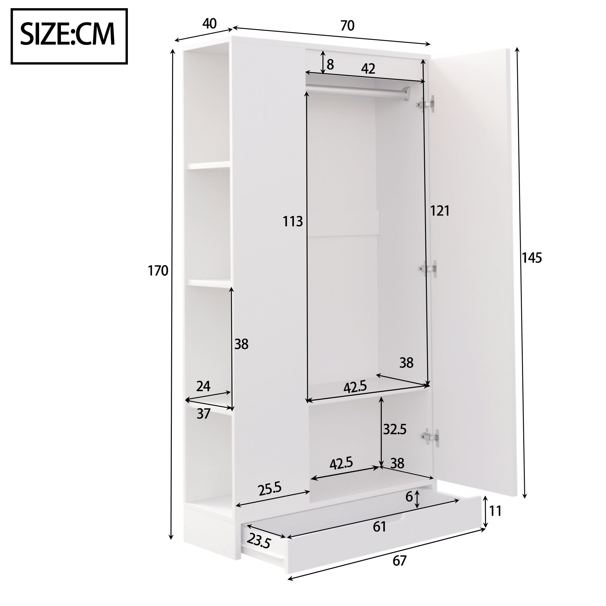 Armoire avec 1 porte, 1 tiroir et étagères latérales - 70 x 40 x 170 cm - Métal+contreplaqué+MDF - Blanc - 4