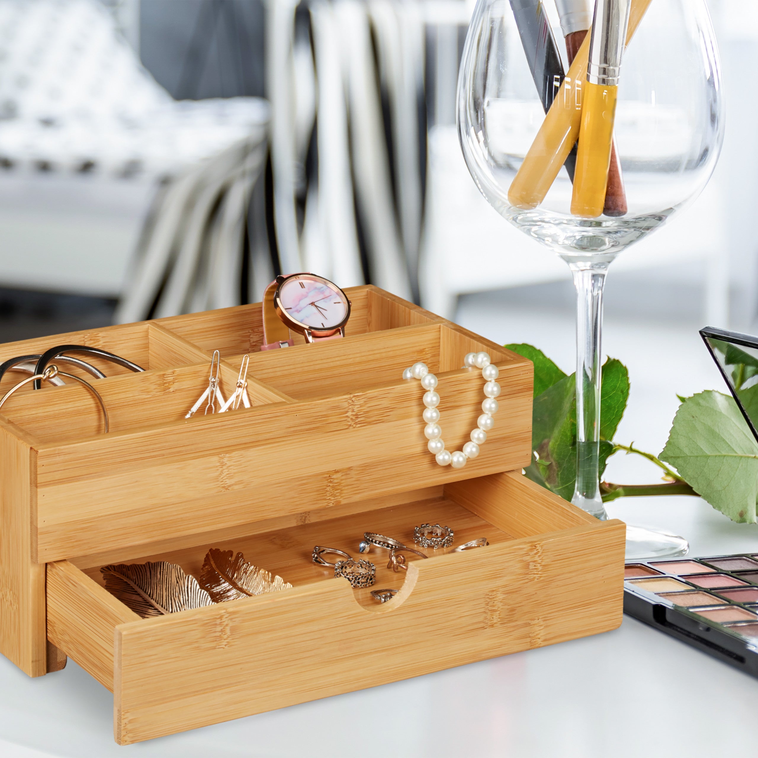 Organiseur Cosmétiques Bambou Relaxdays – 4 Compartiments + Tiroir, Boîte Bijoux & Bureau Naturel