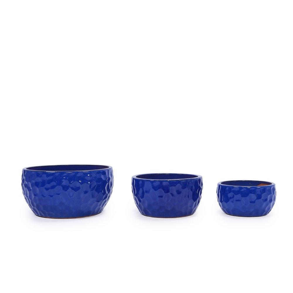 Set 3 pots céramique Ø38,1/30,5/25,4 cm bleu cobalt martelé, succulentes/violettes, intérieur/extérieur, argile respirante - 8
