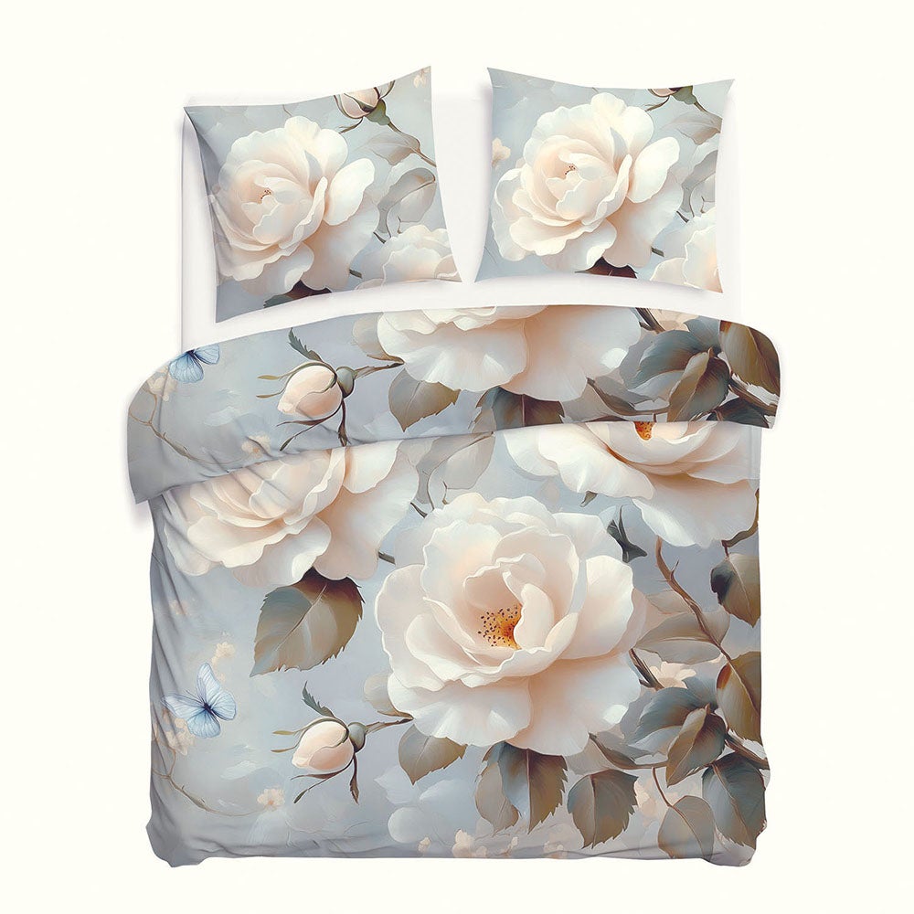 Pościel satyna bawełniana 160x200 Riviera szara w kremowe róże, Satynlove Premium - Darymex
