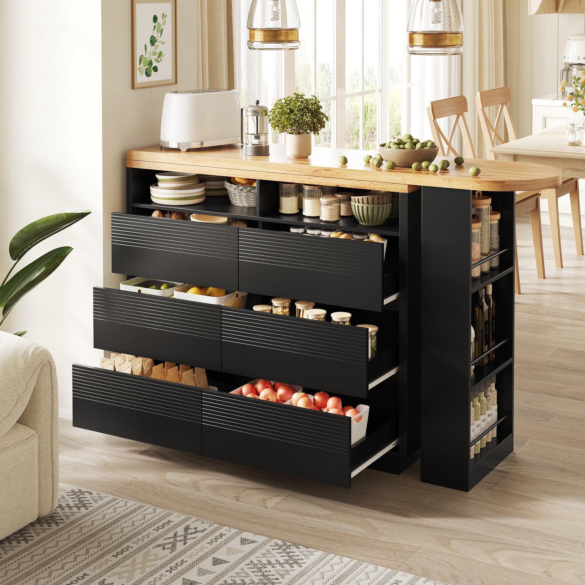 Meuble de bar de cuisine extensible - et rotation à 360° - 215x39x102cm - 6 tiroirs - table bistro - avec étagères latérales - Noir - 3