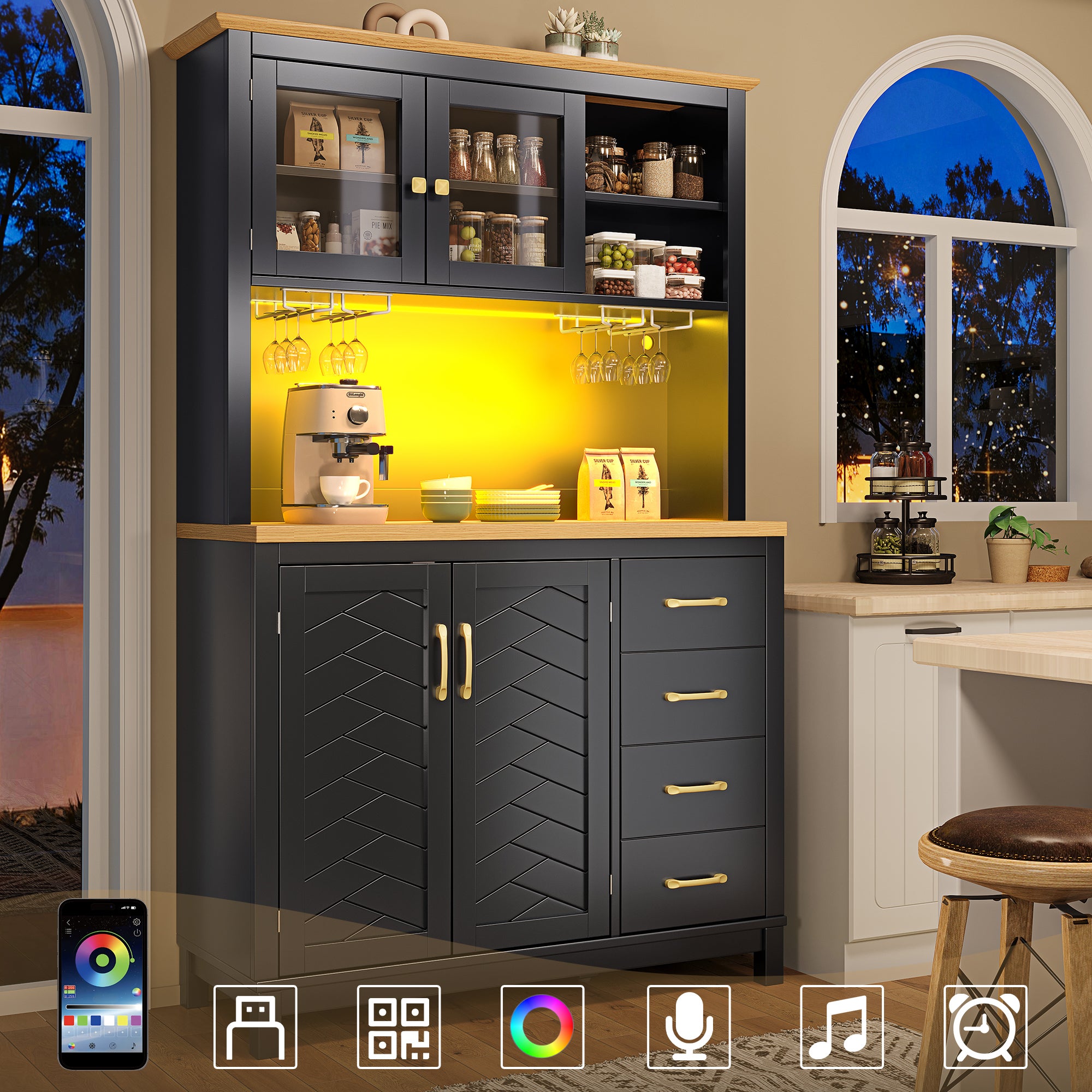Wysoka komoda kuchenna z 4 drzwiami, 2 szufladami i uchwytami na kubki - 105,5 x 40 x 180 cm - MDF - diody LED - czarna
