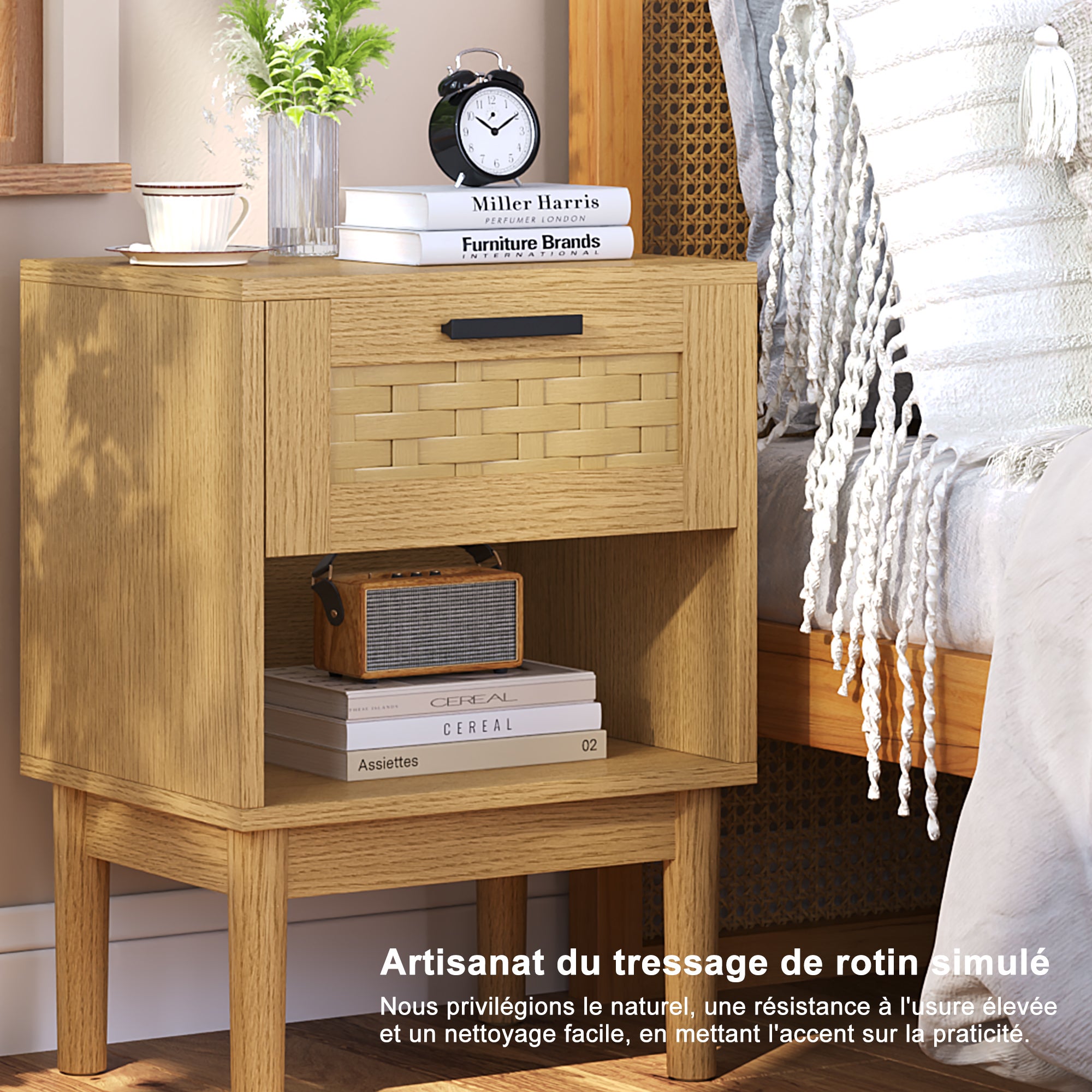 Lot de 2 tables de chevet, avec tiroir et étagère ouverte, meubles en bois massif dotés de pieds robustes, style bohème, couleur chêne - 5