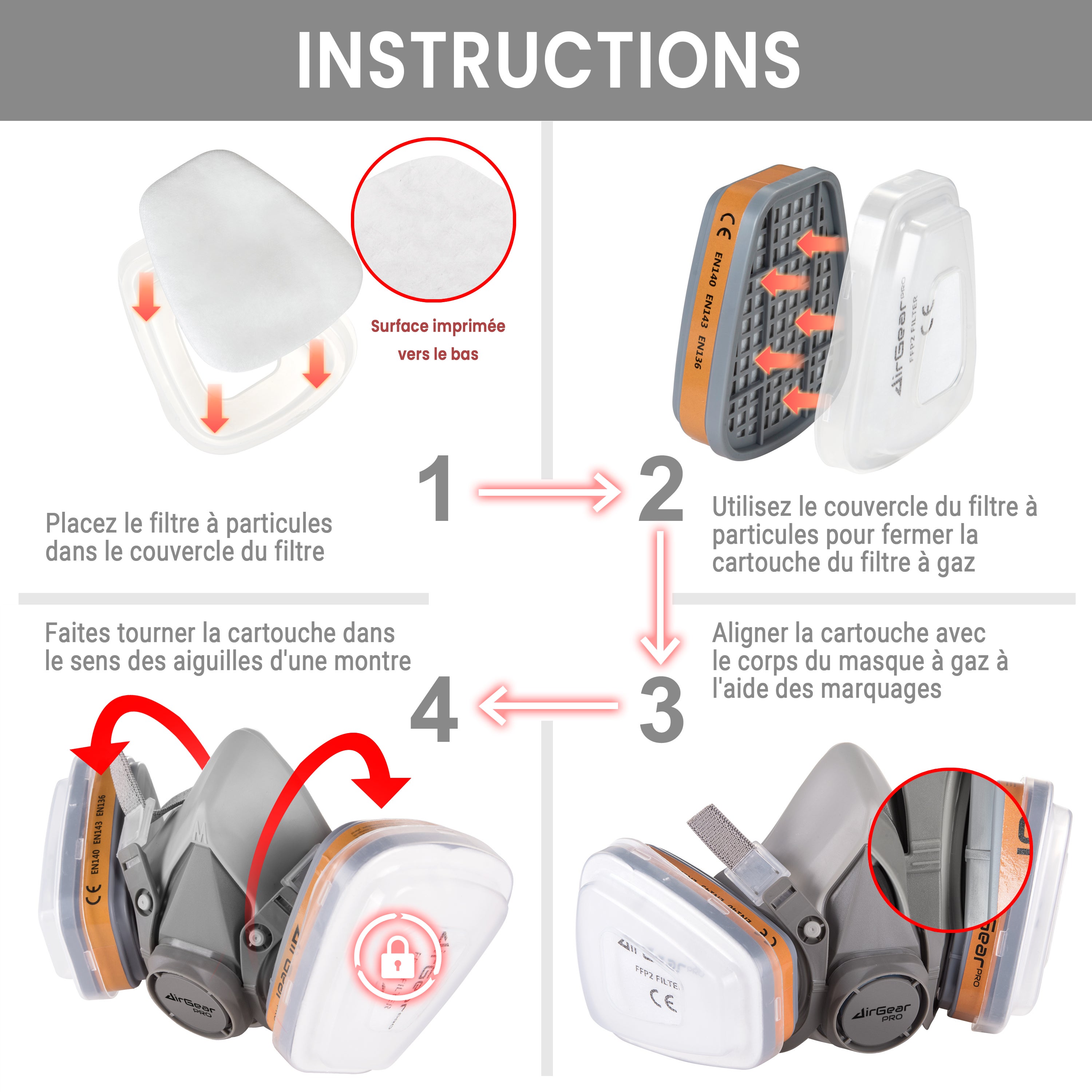 AirGearPro M-500 Masque de Protection Respiratoire Réutilisable, Anti poussière, Anti gaz avec Filtres, Idéal Peinture - 3