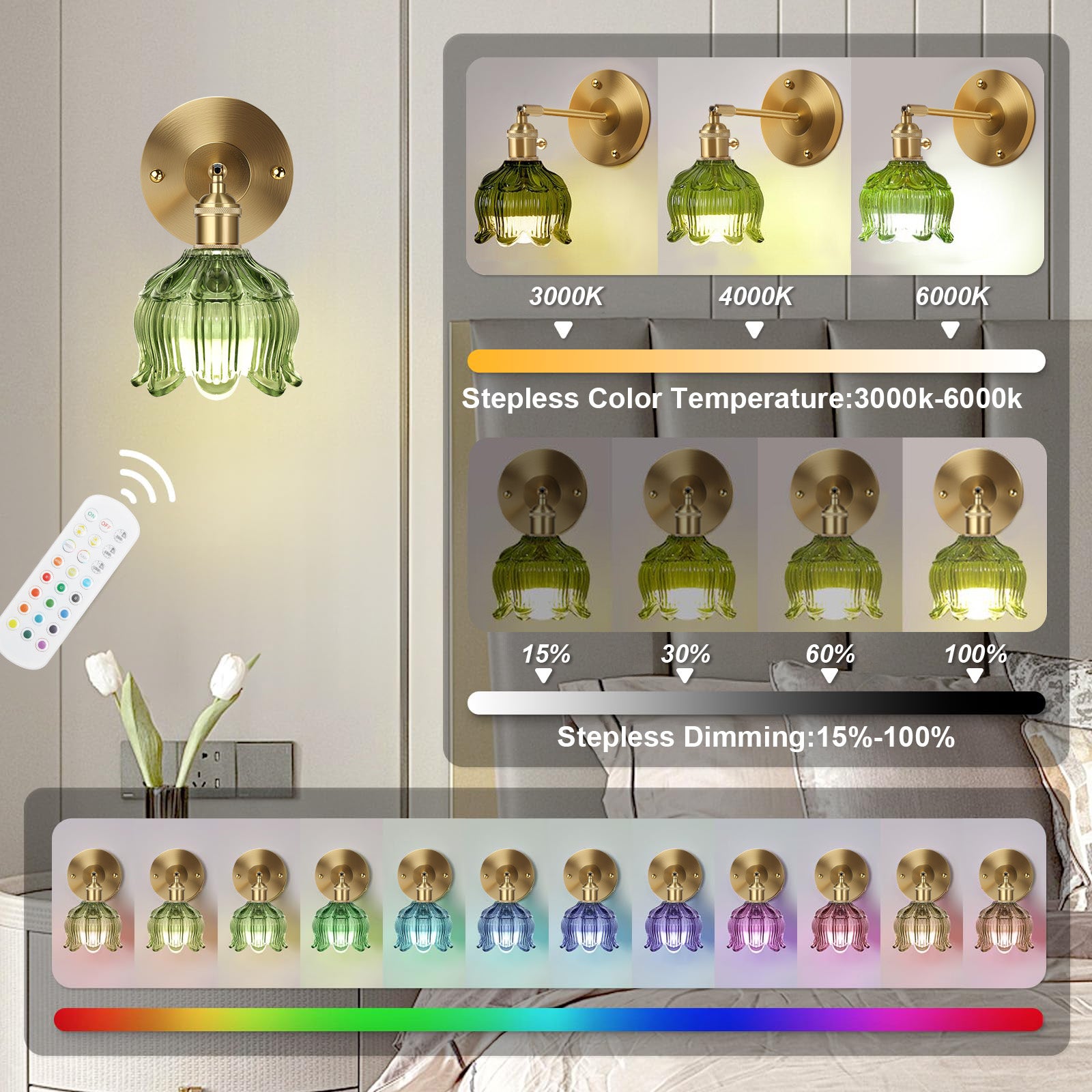 2 kinkietów w stylu retro z możliwością ładowania, lampka nocna o regulowanej wysokości, lampa szklana z funkcją ściemniania RGB, pilotem i timerem - 2