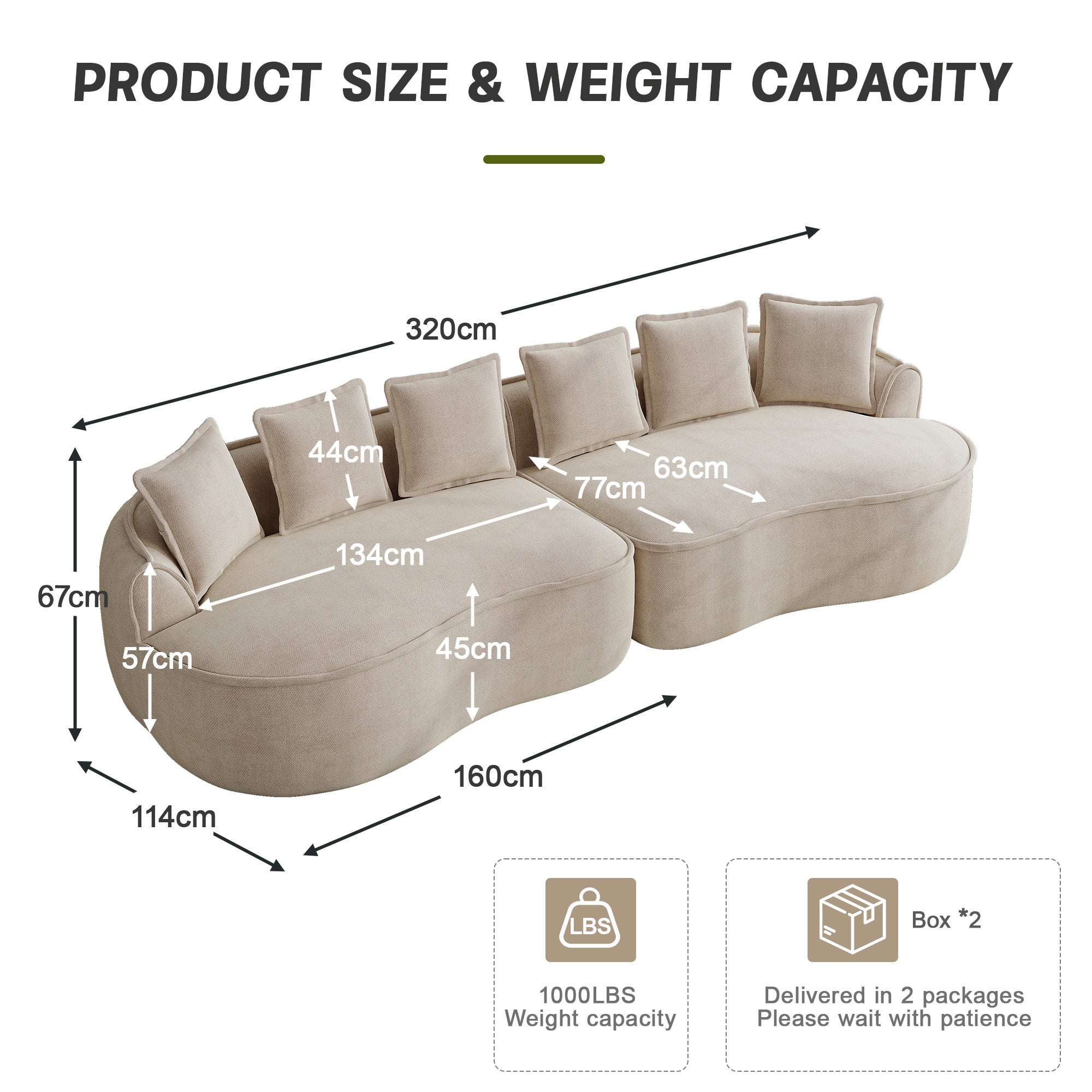 Canapé modulaire 4 places sans montage assise profonde ergonomique - coussins inclus, chenille marron clair - 5