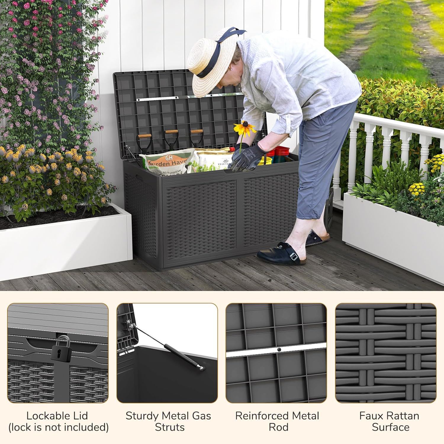 Coffre de Rangement Extérieur Étanche 380 L, Coffre Banc Jardin Exterieur avec 2 Roues, Charge 200KG (Noir,111x56x61-380L) - 8