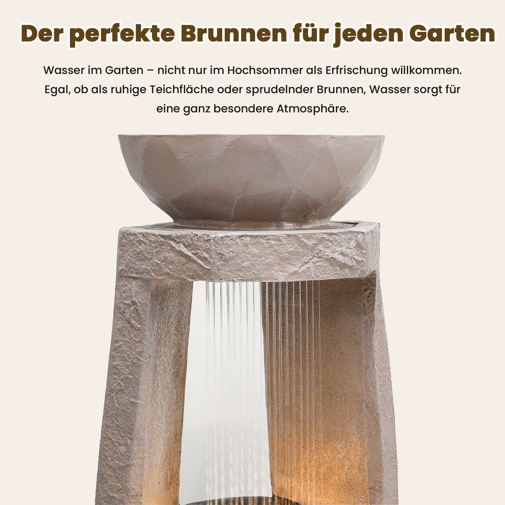 Fontaine de jardin avec LED et pompe intégrée - Résine effet pierre naturelle - 36,5 x 36 x 81,5 cm - Beige - 6