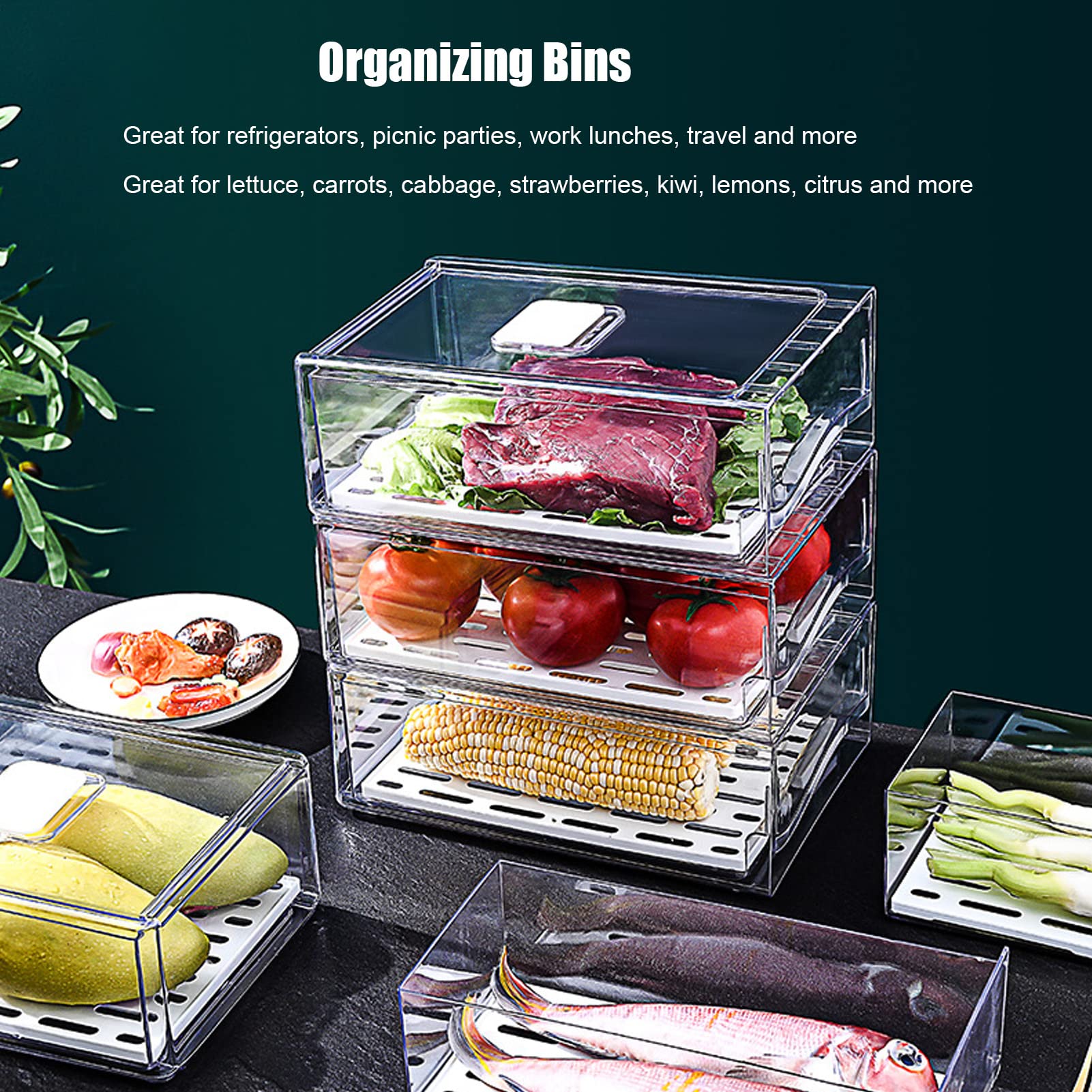 Produce Saver - Contenitori impilabili per frigorifero, con vassoio di