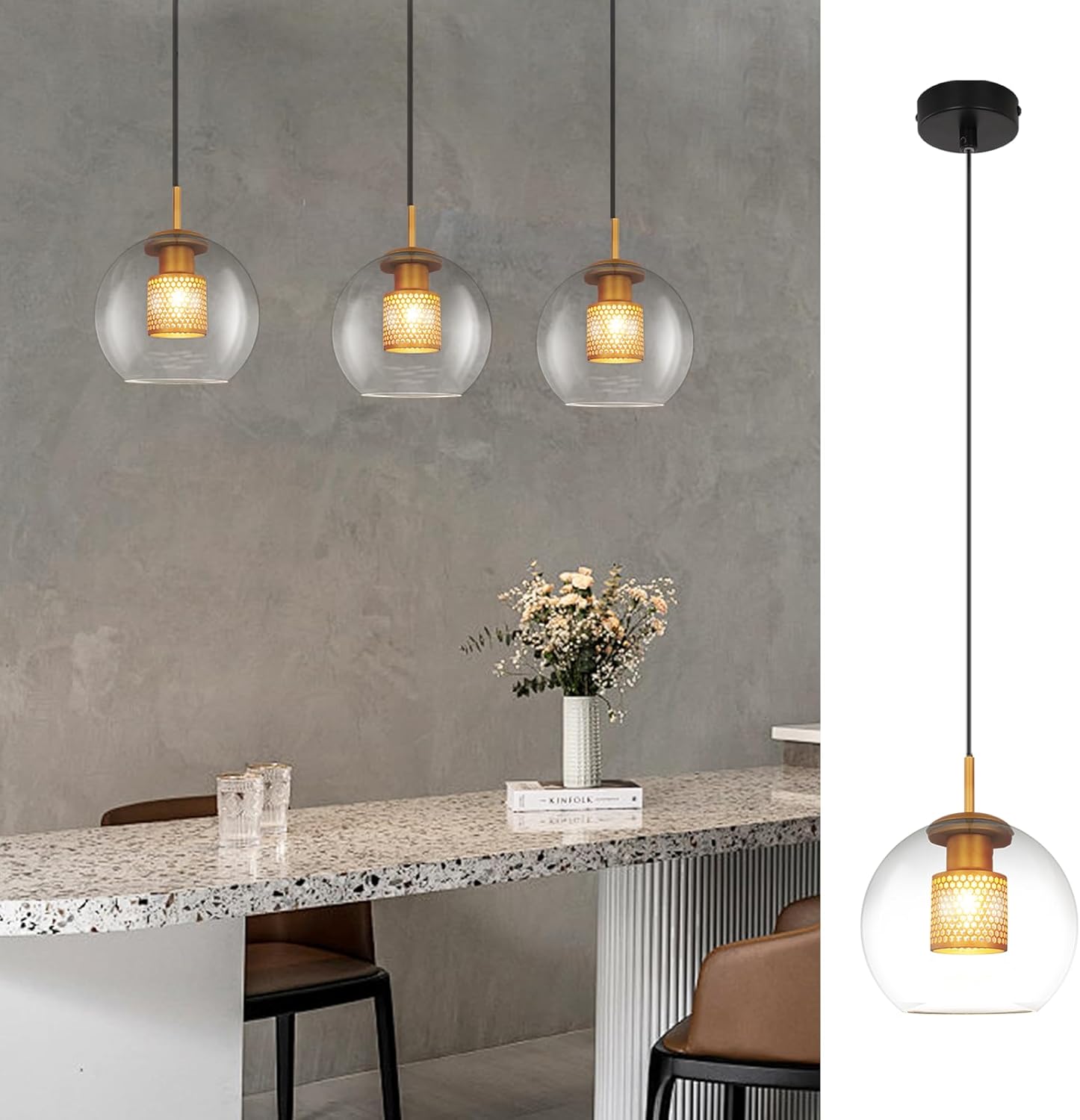NETTLIFE Szklana lampa wisząca do jadalni - 1 płomień Vintage E27 Lampa wisząca czarna