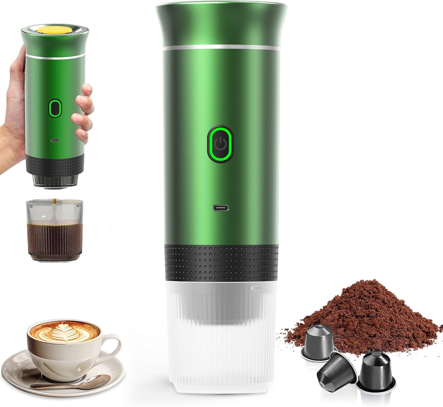 Mini machine à café expresso électrique portable 3 en 1 sans fil 15 bars de pression, cafetière rechargeable auto-chauffante avec café moulu et capsule pour camping-car, randonnée