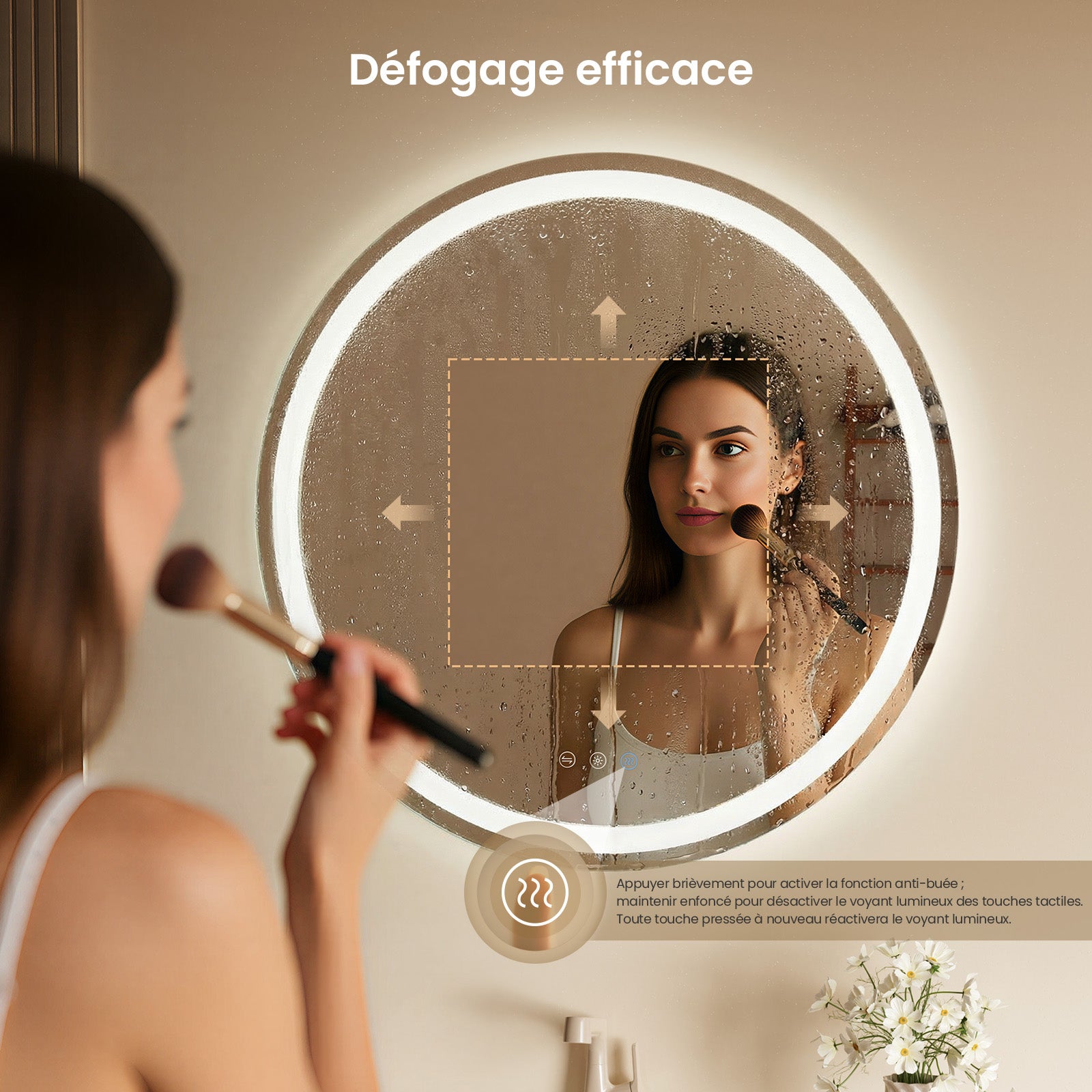 Espejo redondo para baño, espejo decorativo para dormitorio, espejo redondo antivaho con iluminación, espejo impermeable, Φ:80cm - 3