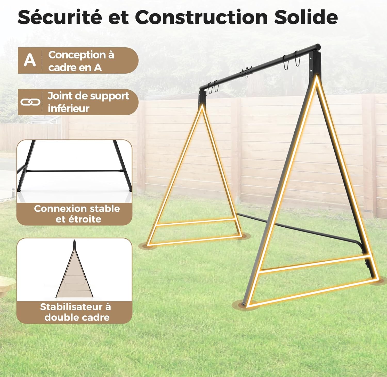Portique Balançoire Extérieur,Support Balançoire Porche en Métal, Cadre de Balançoire,Capacité 160 kg /120 kg (210x110x175CM,Noir) - 5