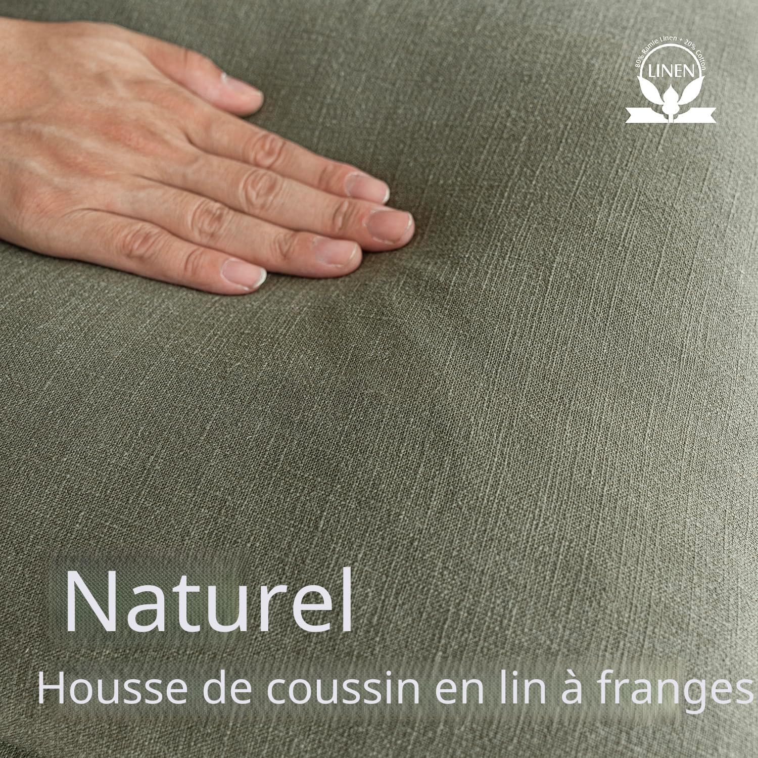 Ensemble de 2 Housses de Coussin décoratives à Franges en Lin de Style bohème et Rustique avec Pampilles pour canapé, Sofa, lit, 45 x 45cm, Vert Olive - 2