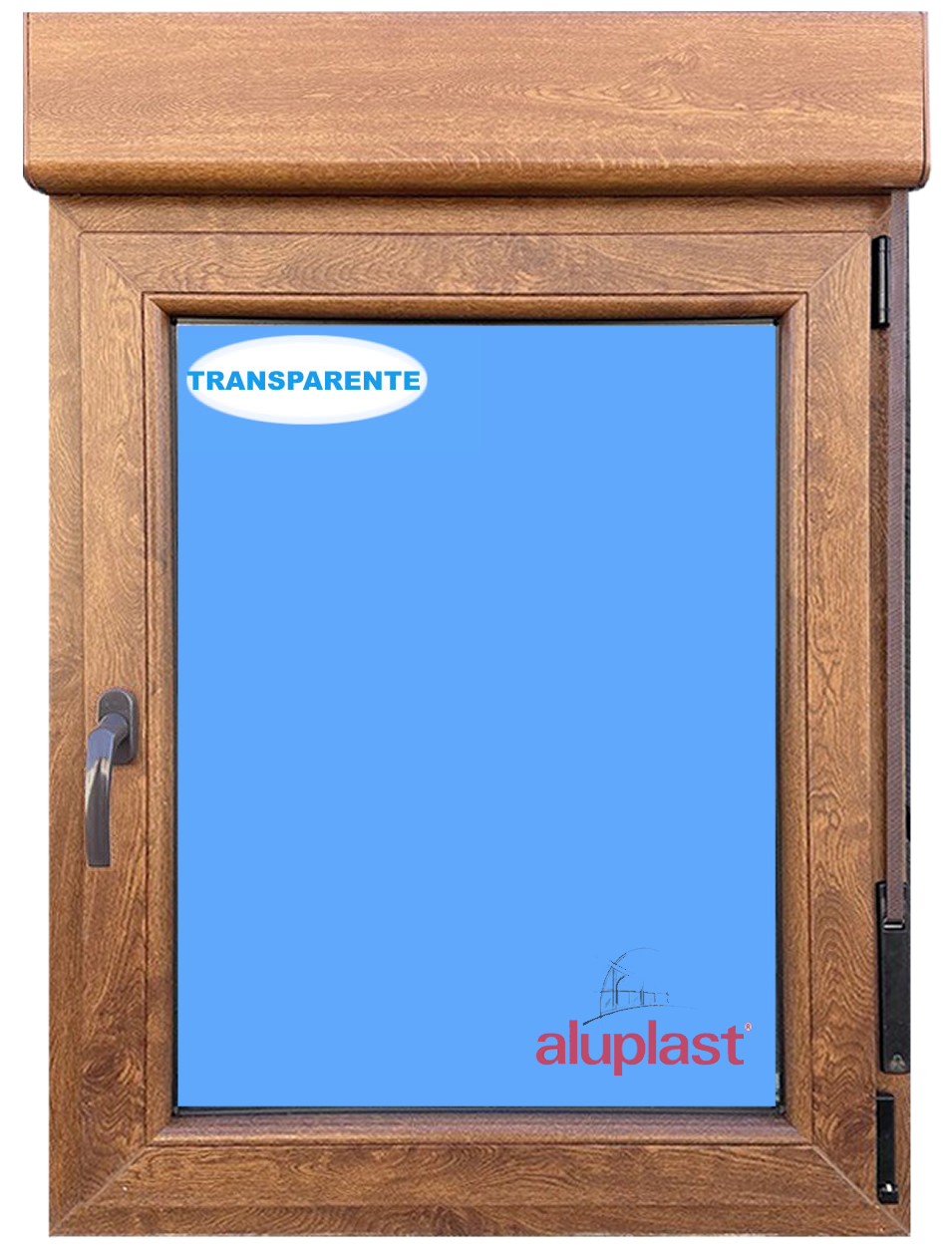 Ventana pvc 800x1155 roble dorado oscilobatiente derecha con persiana vidrio transparente