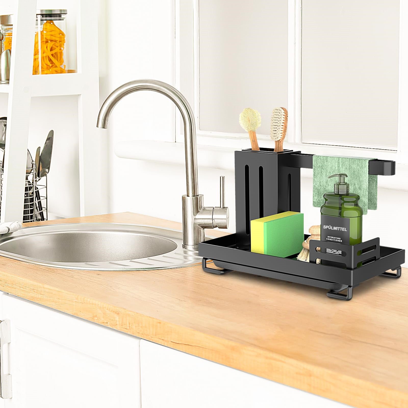 Portaoggetti per cucina e bagno con vaschetta di scarico – scolapiatti multifunzionale con porta spugna e porta scopino - 9