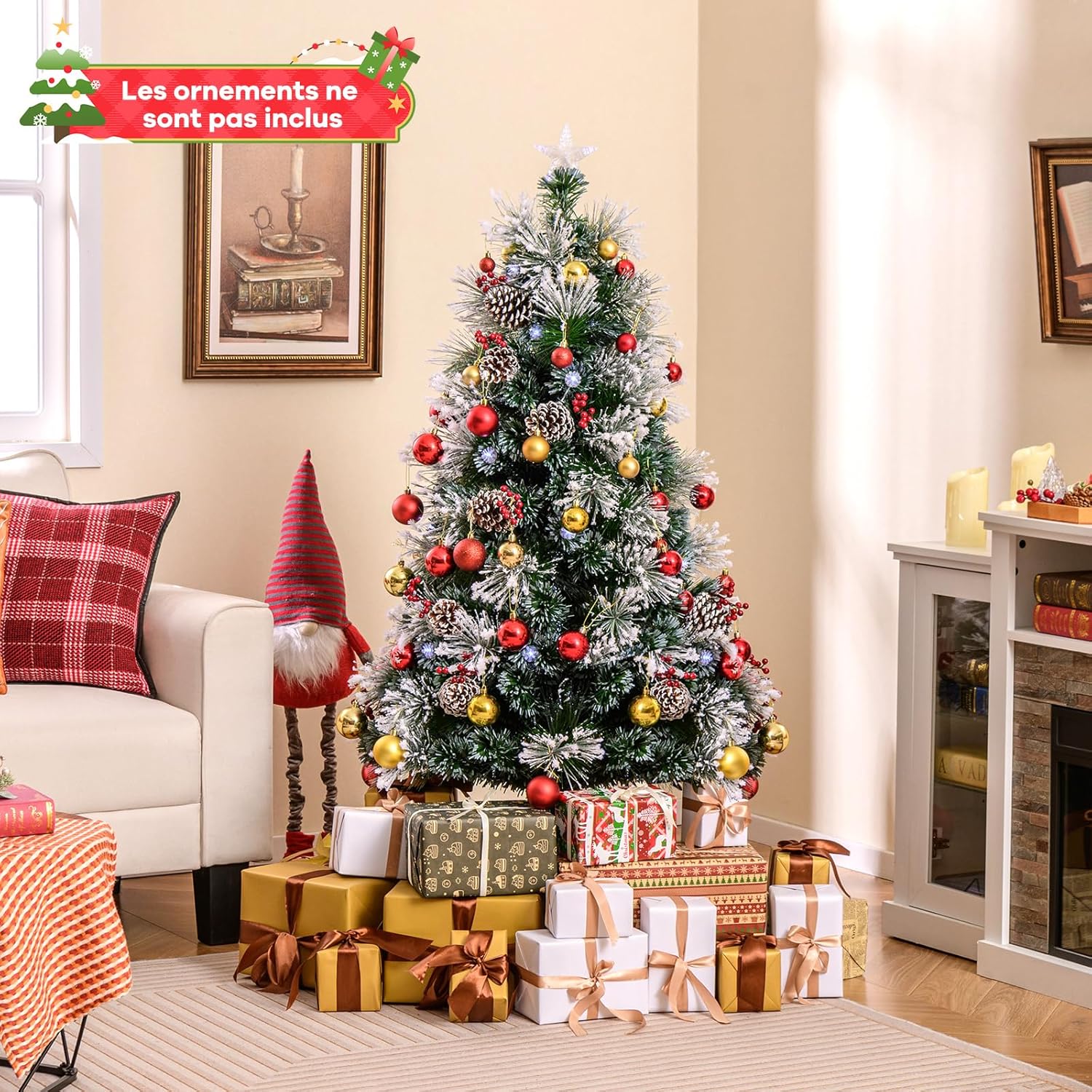 Albero di Natale Innevato 150/180 CM, con Fibra Ottica, 49/63 Luci LED, 8 Modalità di Illuminazione, 170/220 Punte di Rami, Ago di Pino, 18/24 - 2