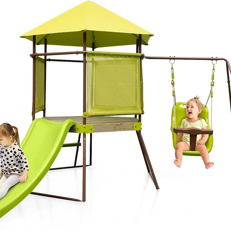 Wieża do zabawy, rusztowanie wspinaczkowe z huśtawką, zjeżdżalnią i drabiną, wieża do wspinaczki dla dzieci, plac zabaw dla dzieci do ogrodu