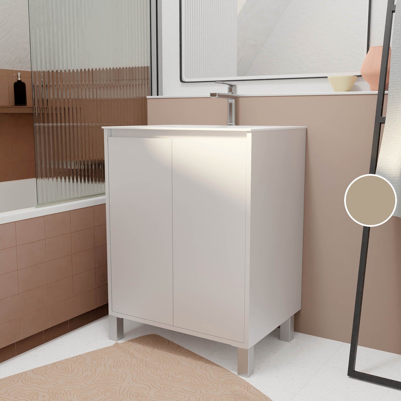 Pack Meuble Salle de Bains 60cm Laqué Blanc 2 portes avec Vasque Céramique Blanche - XENOS - 7
