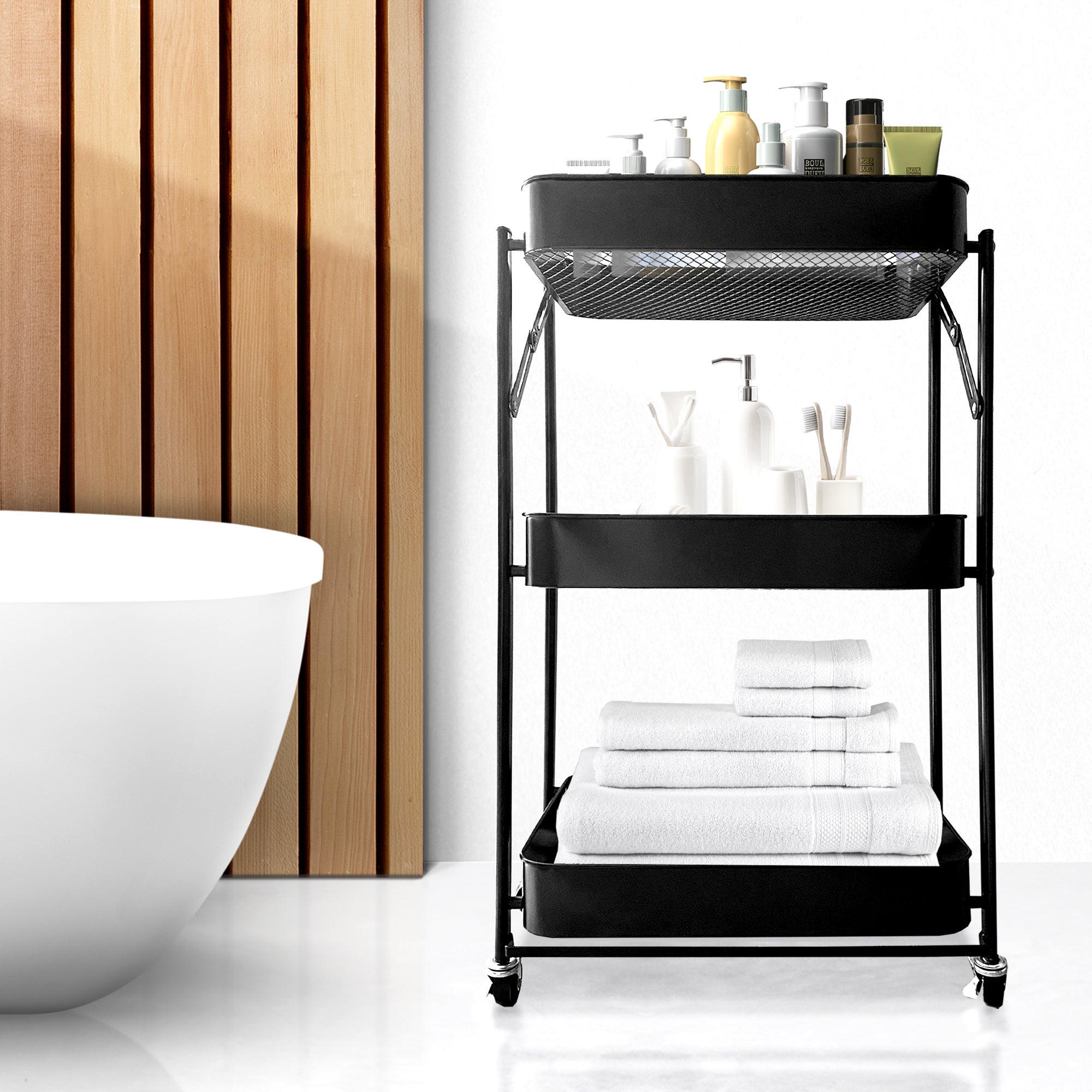 Chariot Pliable 3 Niveaux 88x45x30cm Nyana Home | Chariot Auxiliaire Cuisine ou Salle de Bain | Roulettes avec Frein - 9