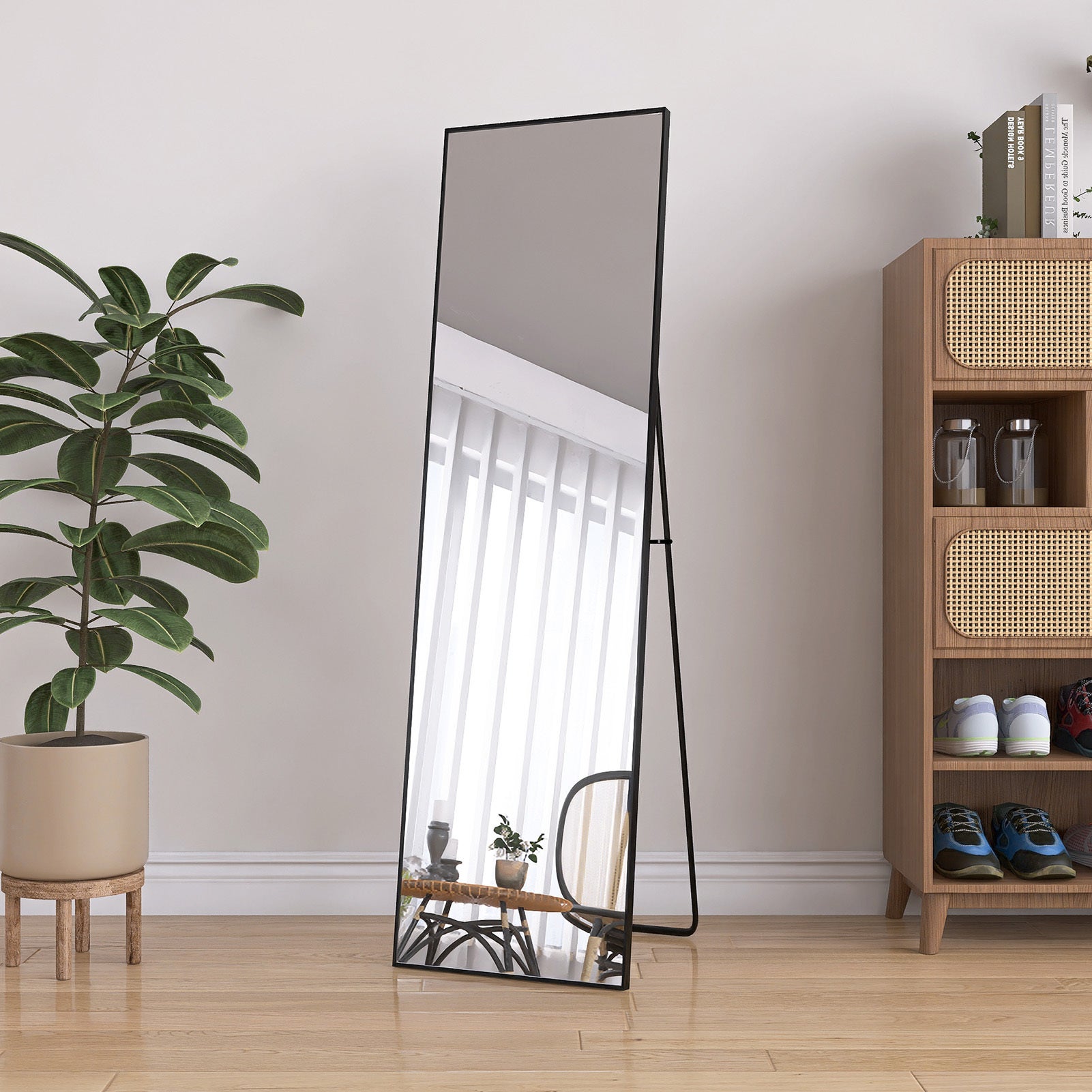 Miroir sur pied, 140x40 cm, Miroir rectangulaire, Miroir de maquillage, Cadre en alliage d’aluminium, Verre trempé, pour chambre, dressing, Noir - 5