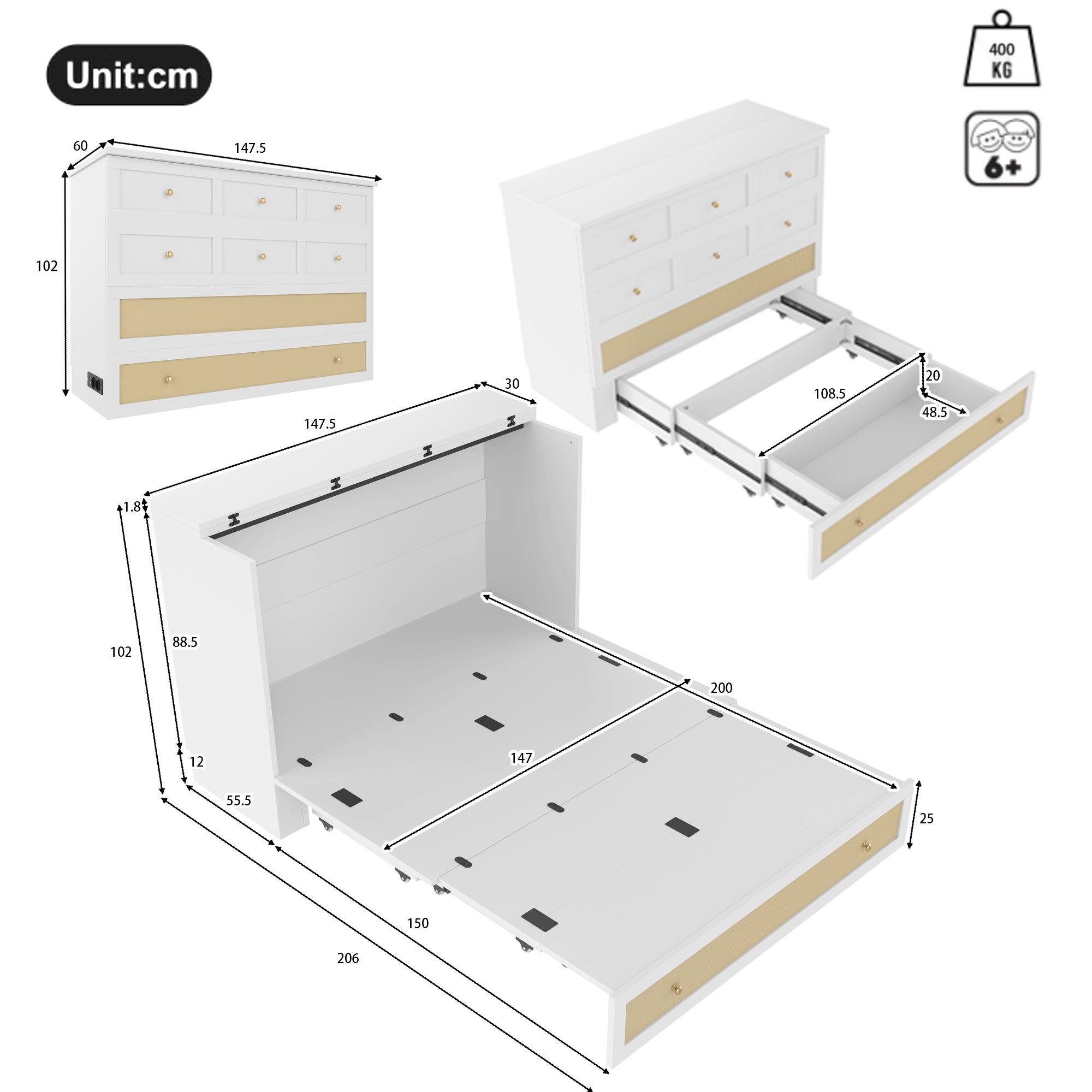 Lit escamotable, 140 x 200, Lit escamotable mobile avec tiroirs en bout de lit et étagère en tête de lit, avec prise USB et prise de courant, Lit plat - 4
