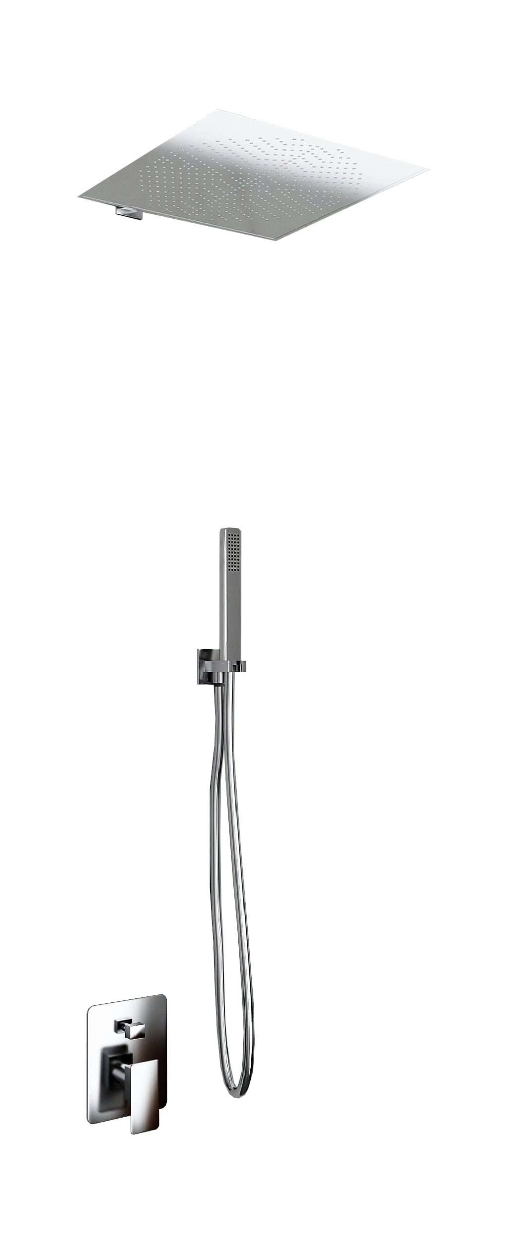 Zestaw prysznicowy 2-drożny: głowica 30x30 cm Slim 2 mm ze stali nierdzewnej + ramię ścienne + uchwyt + wąż + prysznic ręczny