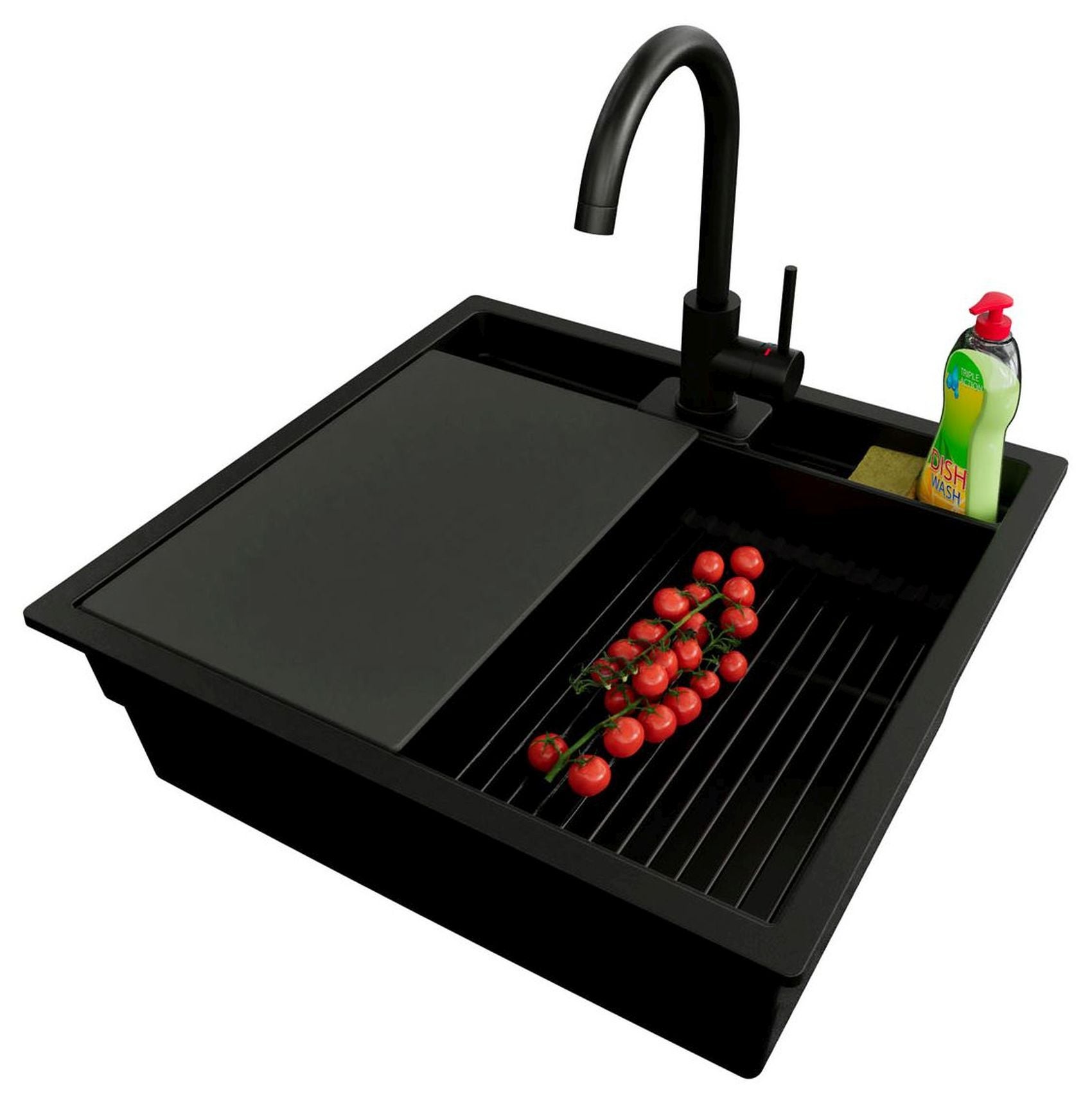 Zlewozmywak podblatowy Cały Czarny 56x54cm, Zlew Kuchenny 1 Komorowy + Syfon + Akcesoria, do szafki od 60cm - Bergen Pocket PRIMAGRAN